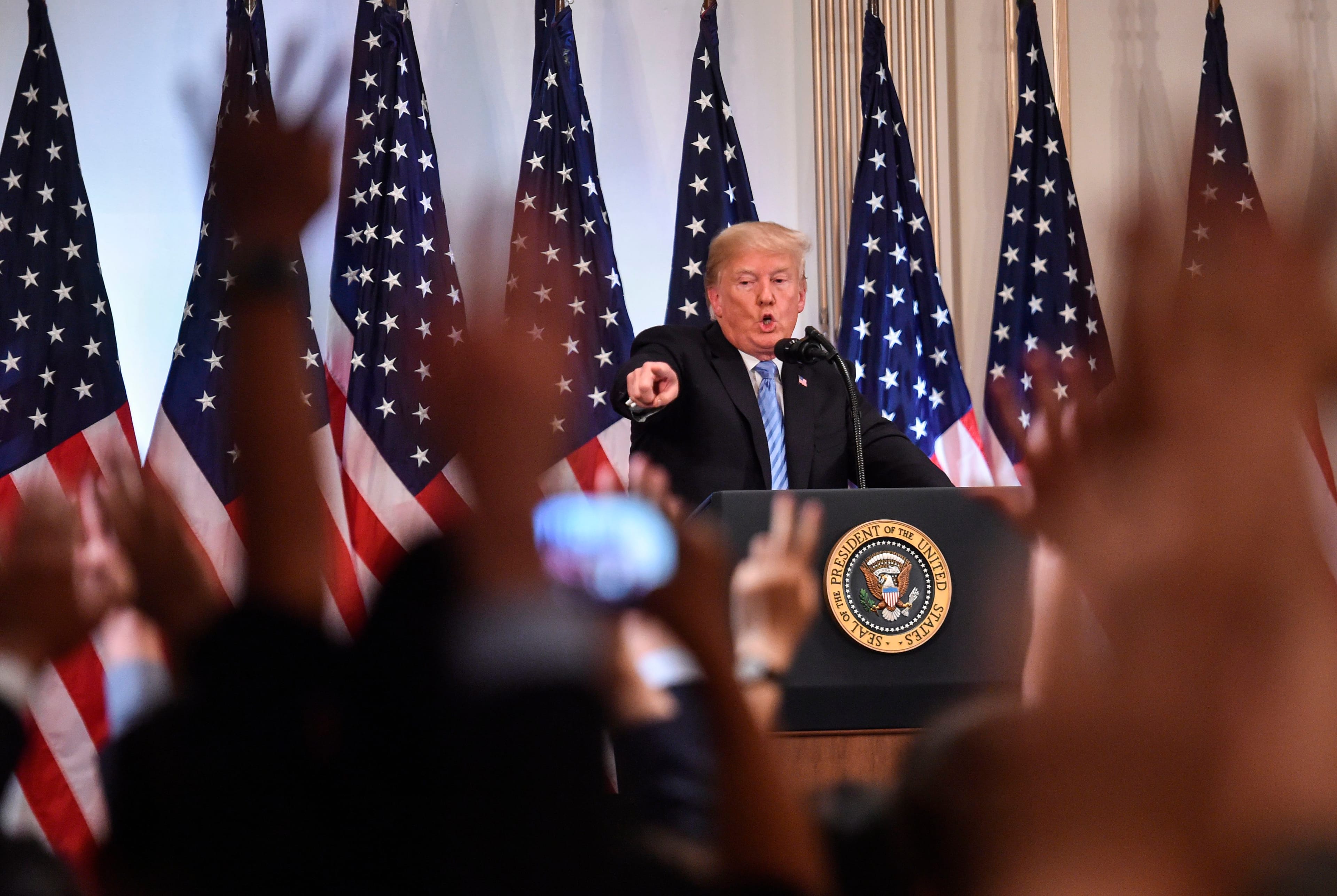 US President Donald Trump speaks during a press conference on September 26, 2018, on the sidelines of the United Nations General Assembly (UNGA) in New York. (Photo by NICHOLAS KAMM/AFP/Getty Images)