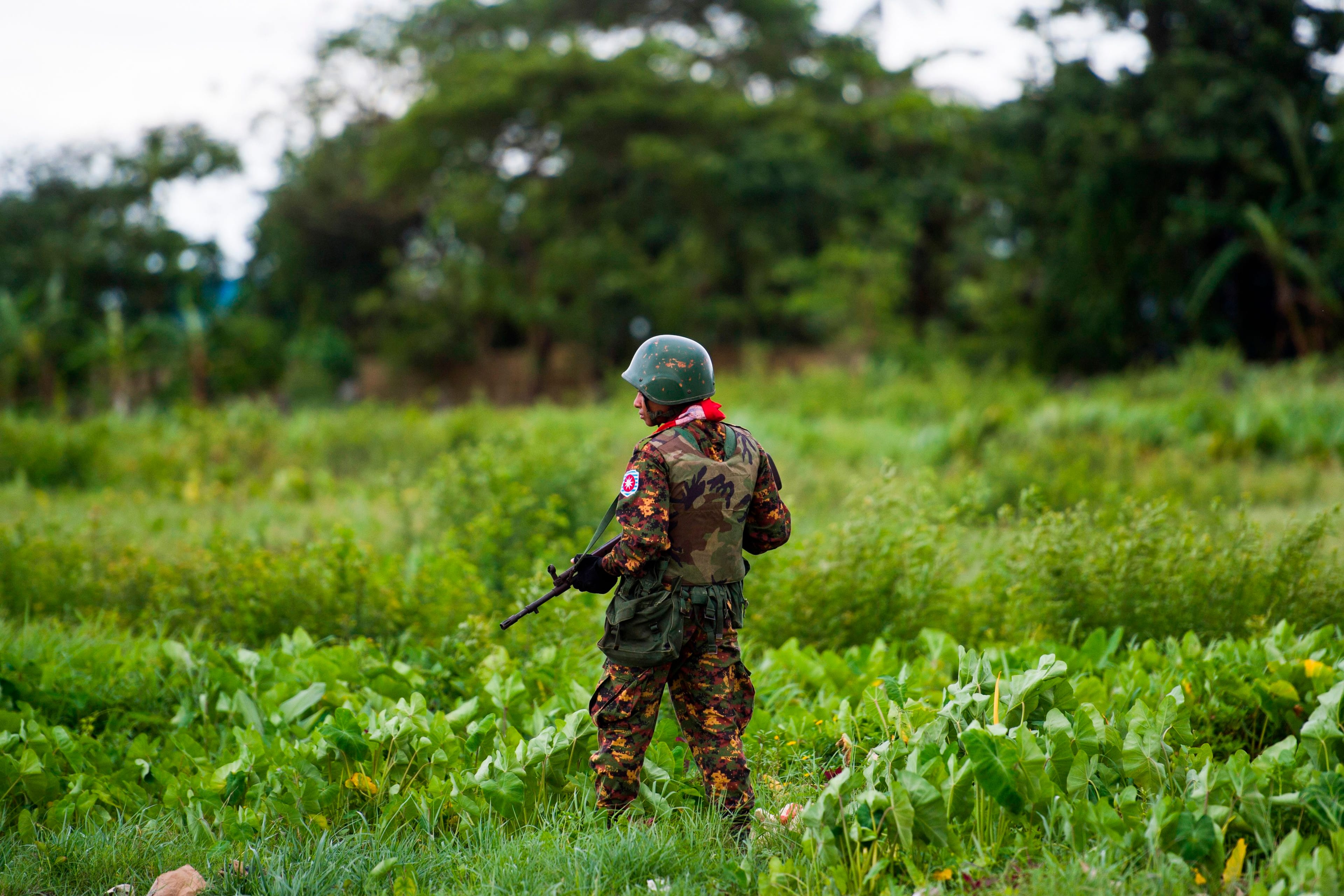 A Myanmar soldier guards an area at the Sittwe airport as British foreign minister Jeremy Hunt arrives in Sittwe, Rakhine state, on September 20, 2018. (Ye Aung Thu / AFP/Getty Images)