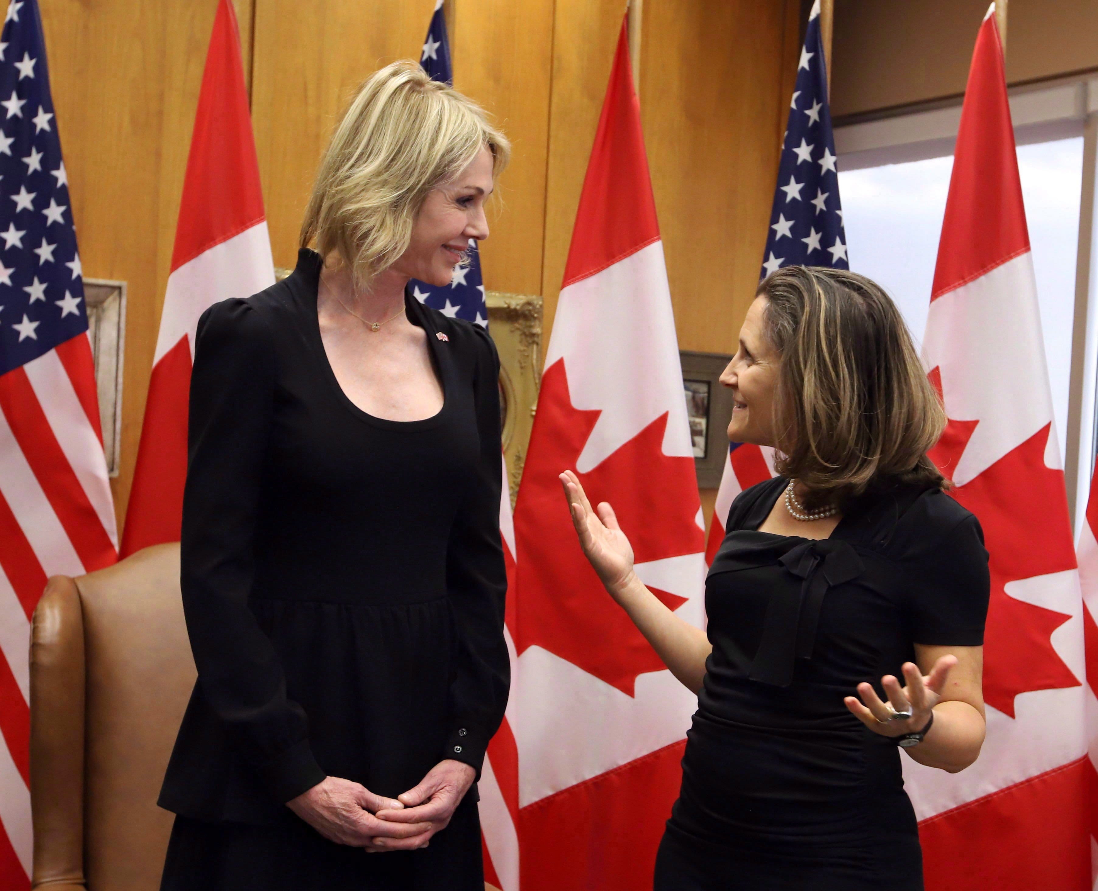 United States Ambassador to Canada Kelly Craft, left, meets with Canadian Foreign Affairs Minister Chrystia Freeland in Ottawa, Monday, October 23, 2017. Donald Trump's Canadian envoy is coming to the defence of Canada "smart" and "articulate" foreign affairs minister - one day after the U.S. president suggested he didn't like Chrystia Freeland's NAFTA negotiating style. THE CANADIAN PRESS/Fred Chartrand