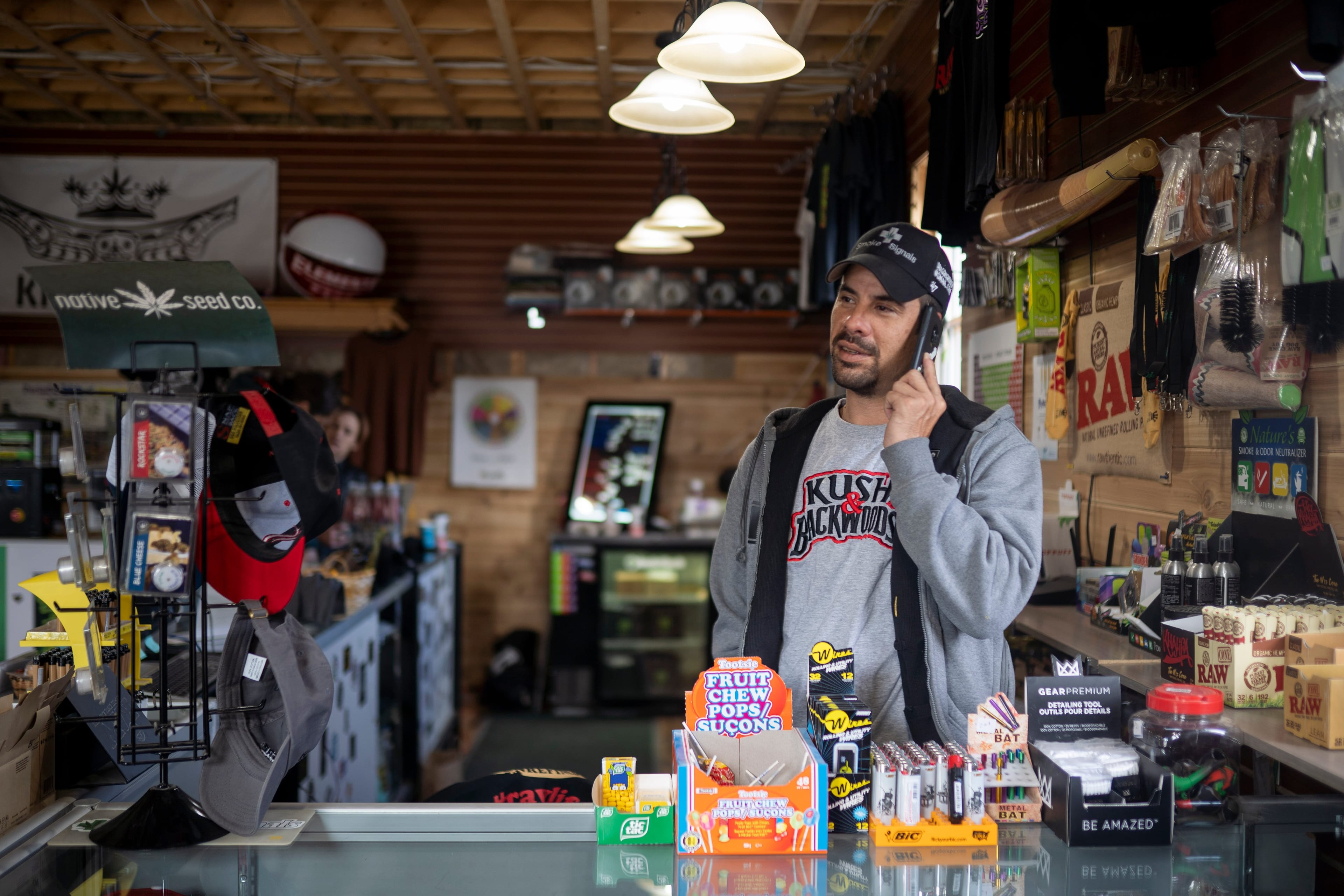 Owner Jamie Kunkel at Smoke Signals cannabis dispensary based in Tyendinaga Mohawk Territory (Photograph by Nick Iwanyshyn)