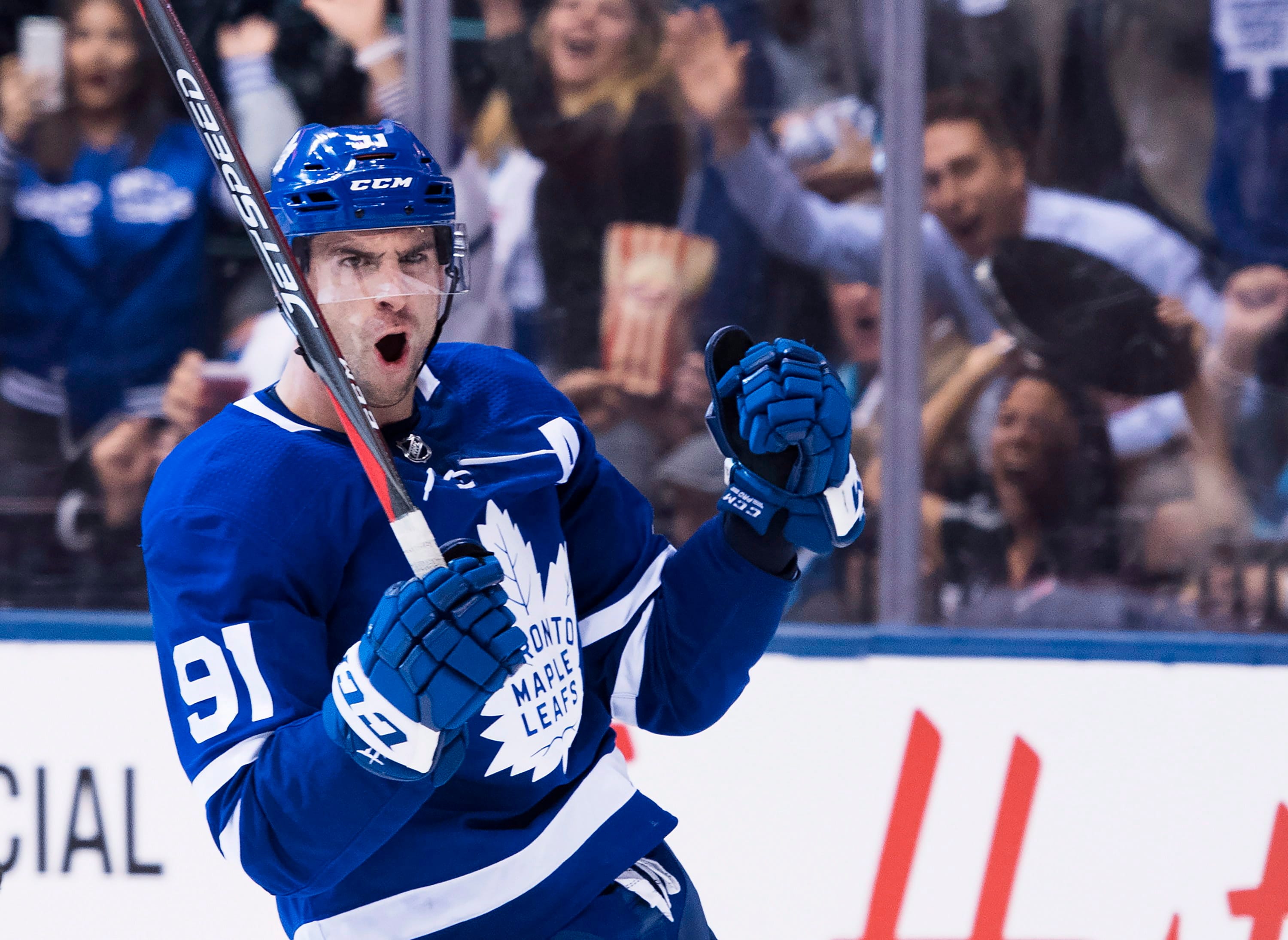 Toronto Maple Leafs centre John Tavares reacts after scoring against the Montreal Canadiens in Toronto on Wednesday, Oct. 3, 2018. (THE CANADIAN PRESS/Nathan Denette)