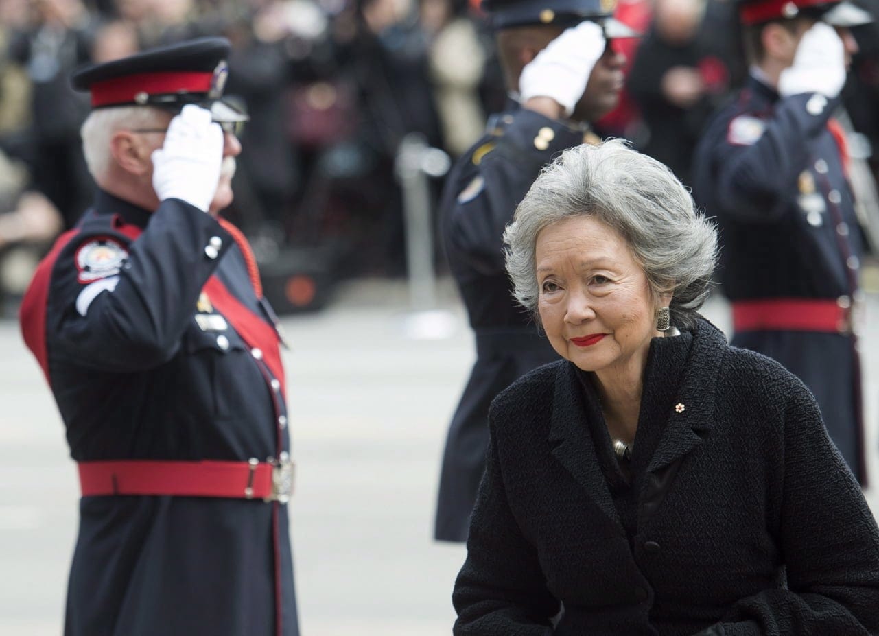 Former governor general of Canada Adrienne Clarkson arrives at the church for the state funeral for the late Jim Flaherty in Toronto on Wednesday, April 16, 2014. (Nathan Denette/CP)