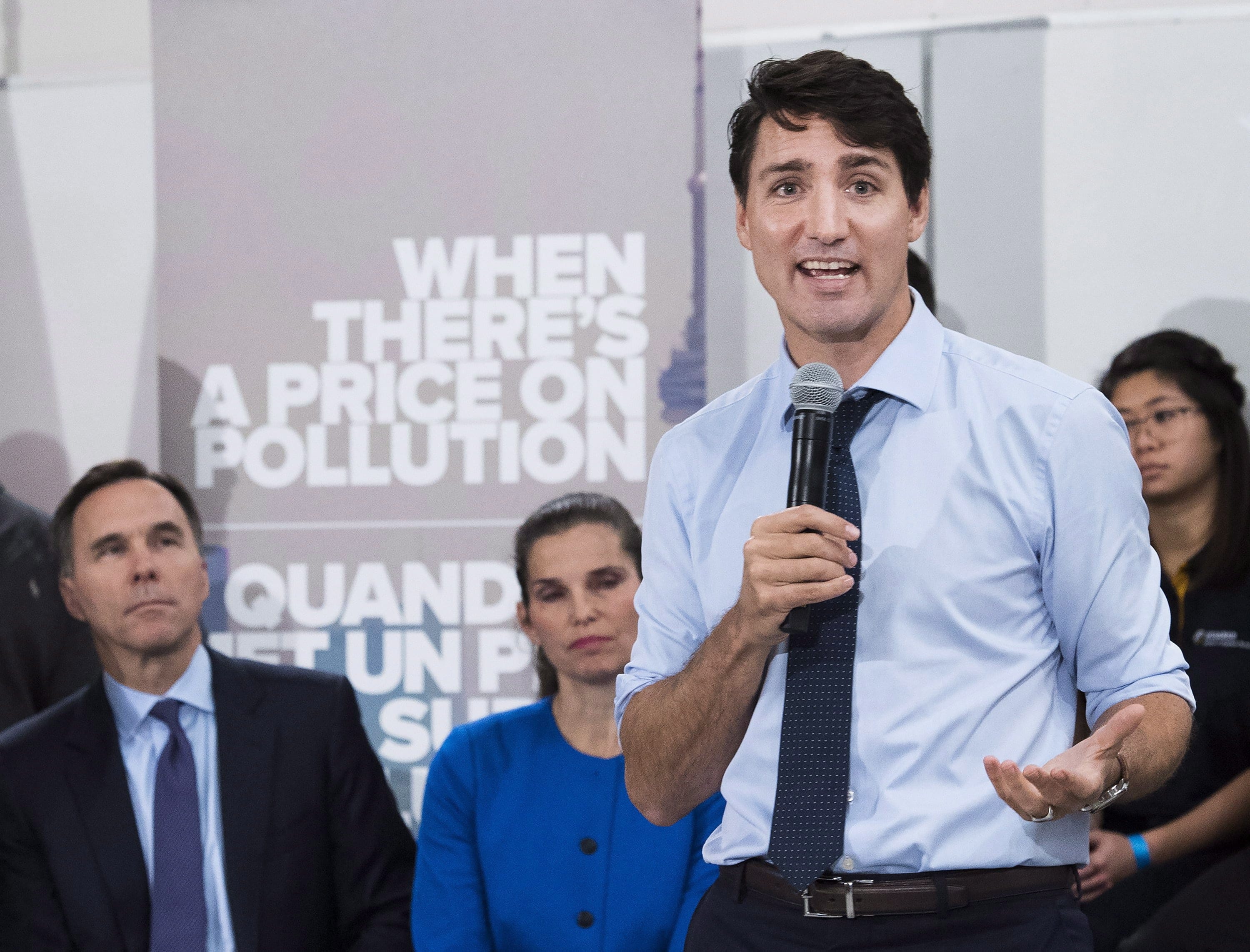 Prime Minister Justin Trudeau speaks to the media and students at Humber College regarding his government's new federally-imposed carbon tax in Toronto on Tuesday, October 23, 2018. (Nathan Denette/CP)