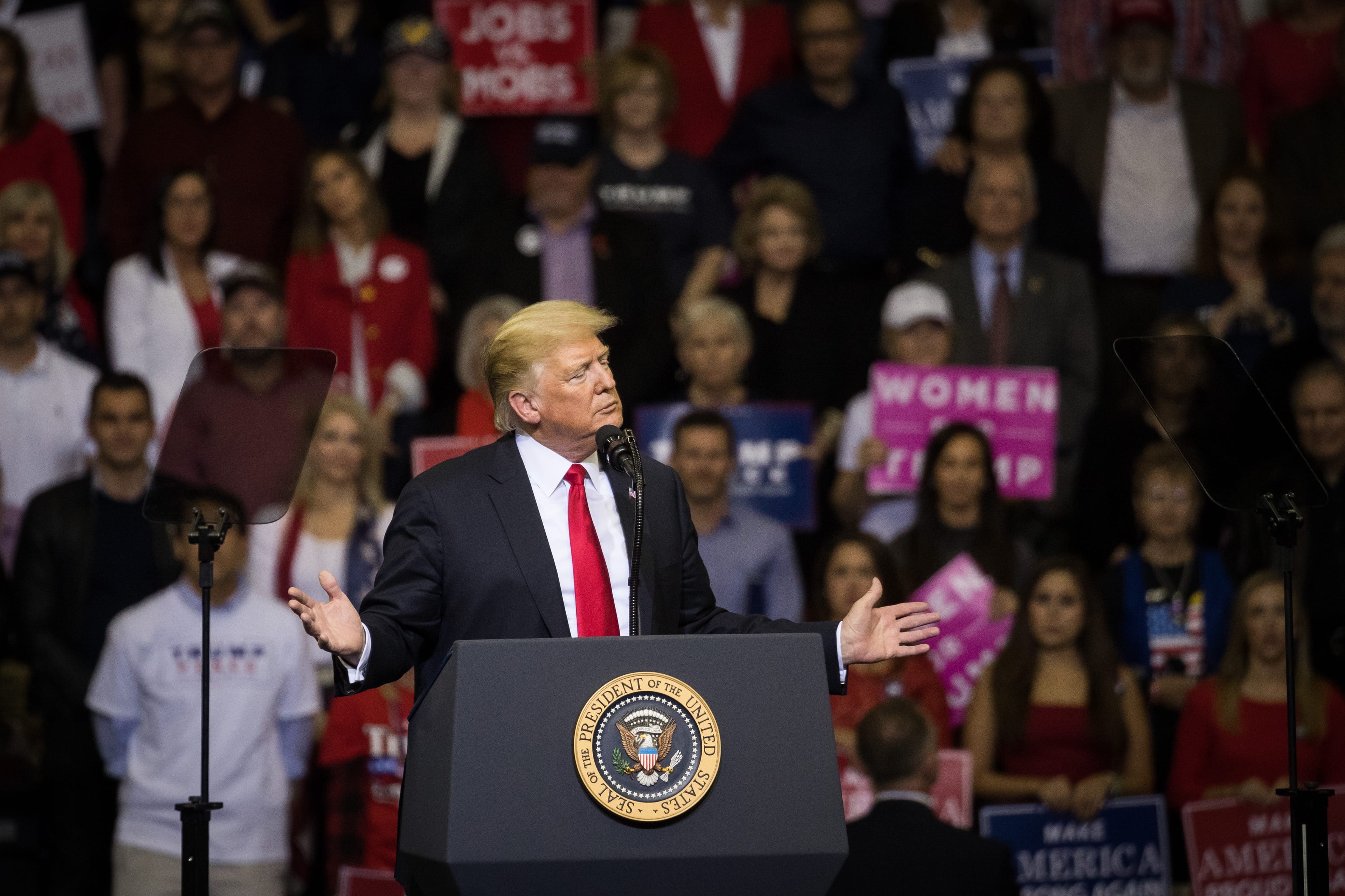 Donald Trump addresses the crowd during a rally in support of Sen. Ted Cruz  on Oct. 22, 2018, at the Toyota Center in Houston, Texas. (Loren Elliott/Getty Images)