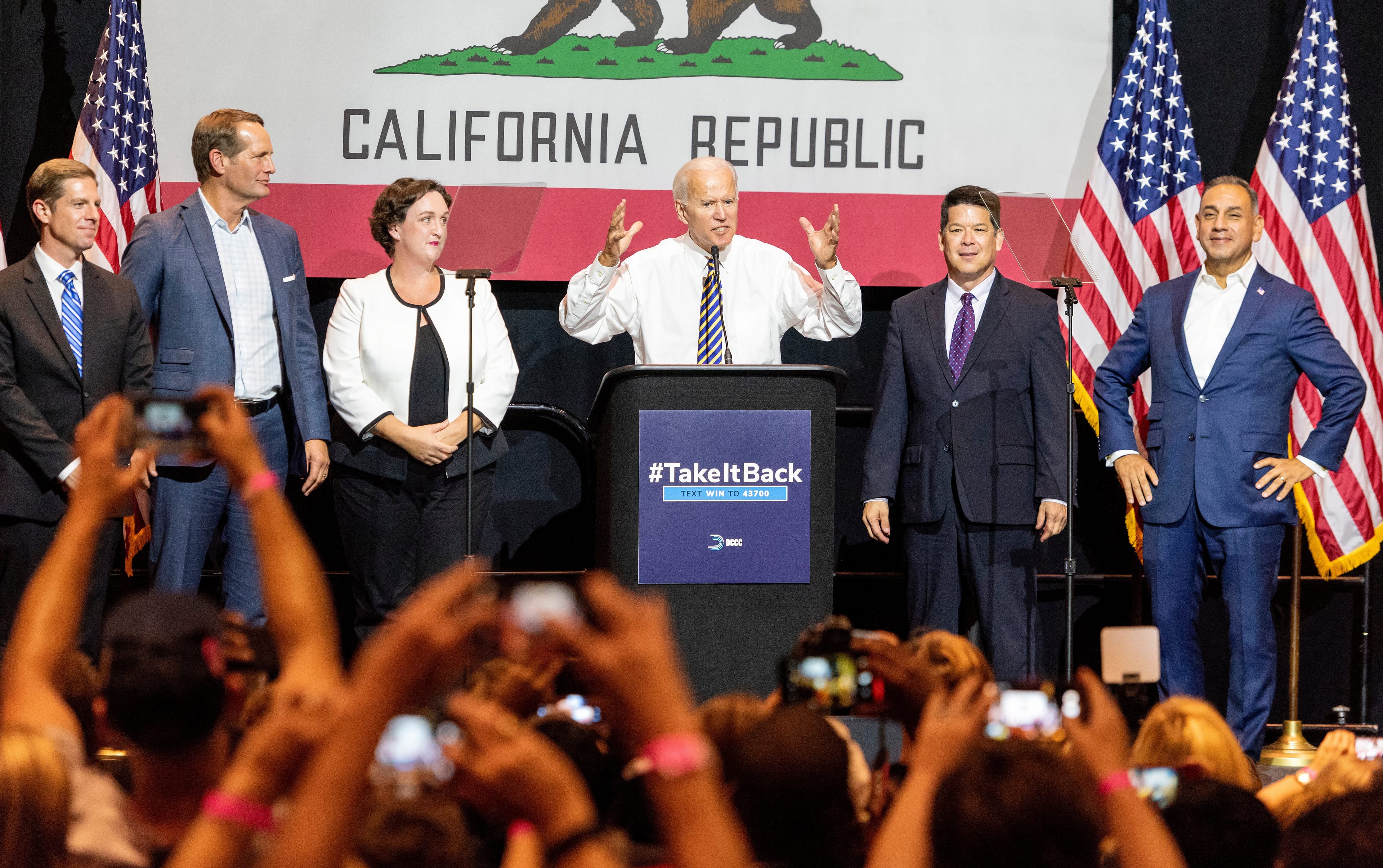 Former Vice President Joe Biden speaks during a rally for California Democratic House candidates competing for GOP-held seats at the Titan Student Union on the campus of Cal State Fullerton in Fullerton in Fullerton on Thursday, October 4, 2018. (Leonard Ortiz/Digital First Media/Orange County Register/Getty Images)