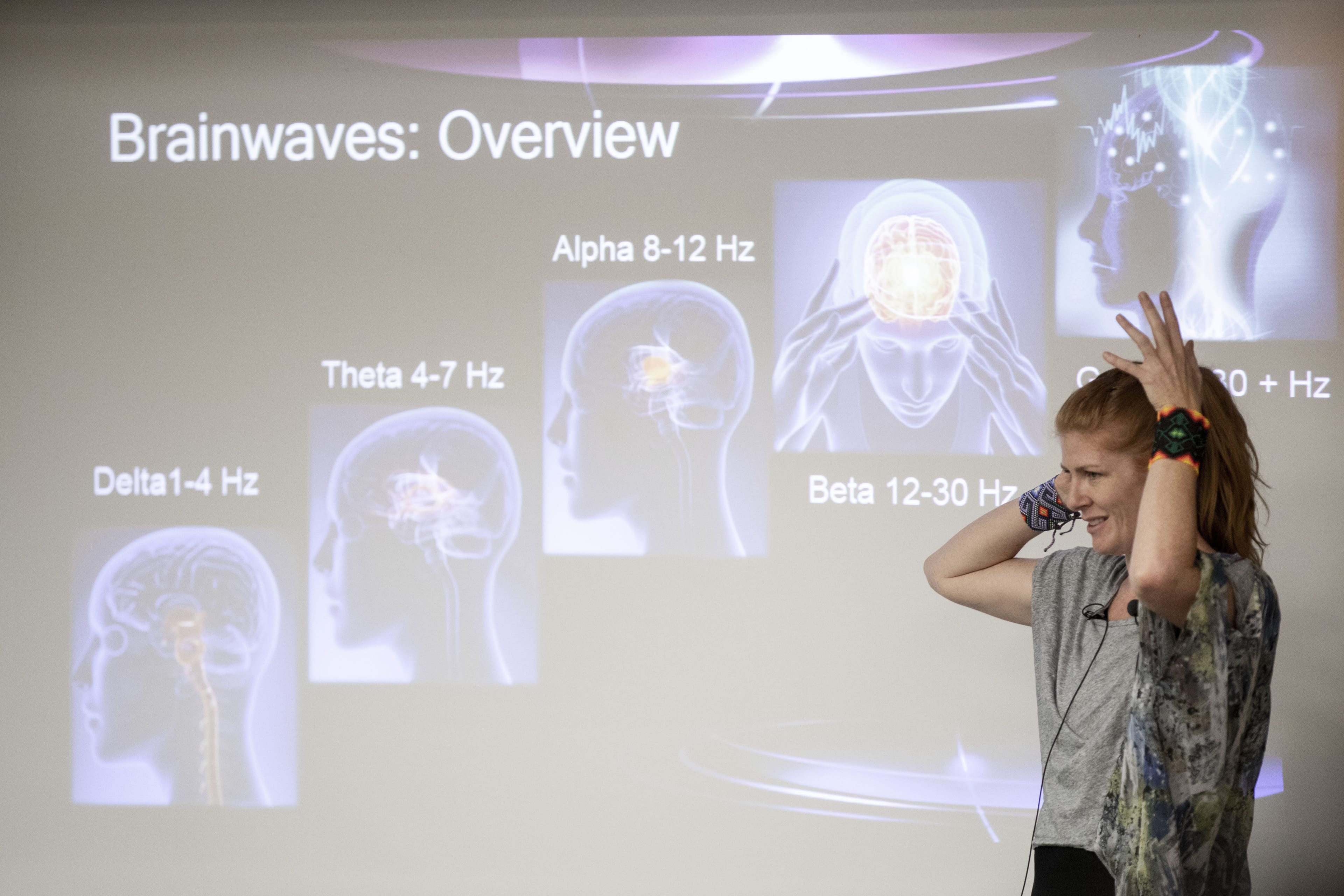 Heather Hargraves presents during the Mapping the Mind with Mushrooms event at the University of Toronto, Sept. 22, 2018. (Nick Iwanyshyn)