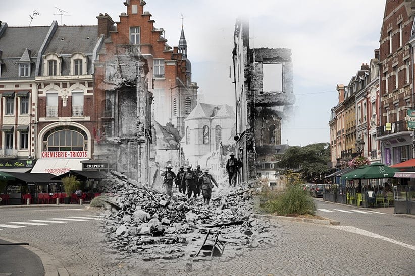 Cambrai, France, 1918
Most of Cambrai was set on fire by the retreating Germans when the Canadians moved in to take the town. (Original: Pen and Sword Books/Getty Images; Modern: Photograph by Peter Macdiarmid)