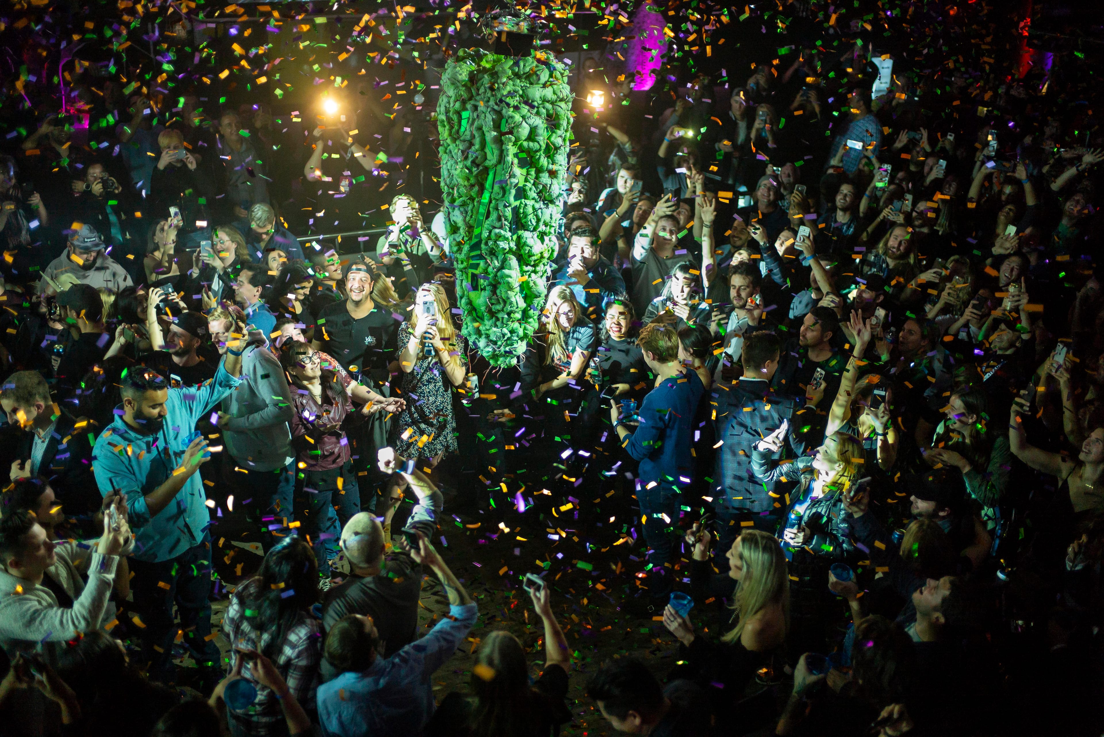 TORONTO, ON - OCTOBER 17:  Torontonians gather at a local concert venue to watch the "bud drop" at the stroke of midnight, in celebration of the legalization of recreational cannabis use on October 17, 2018 in Toronto, Canada. (Photo by Ian Willms/Getty Images)