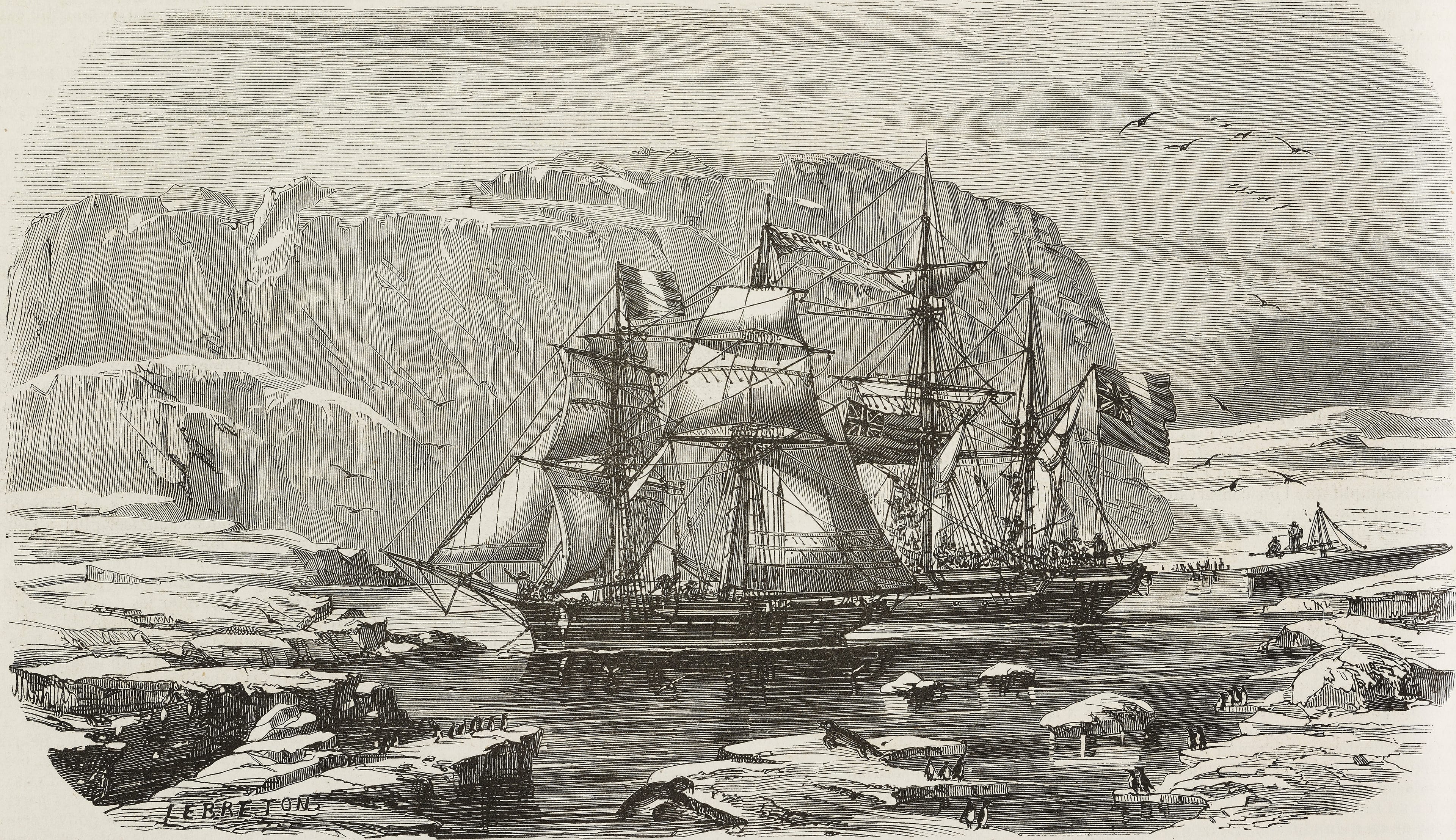 The Erebus and Terror ships from John Franklin's expedition, in the bay where they spent the winter of 1845-1846, illustration by Le Breton from L'Illustration, Journal Universel, No 529, Volume XXI, April 16, 1853. (Photo by DeAgostini/Getty Images)