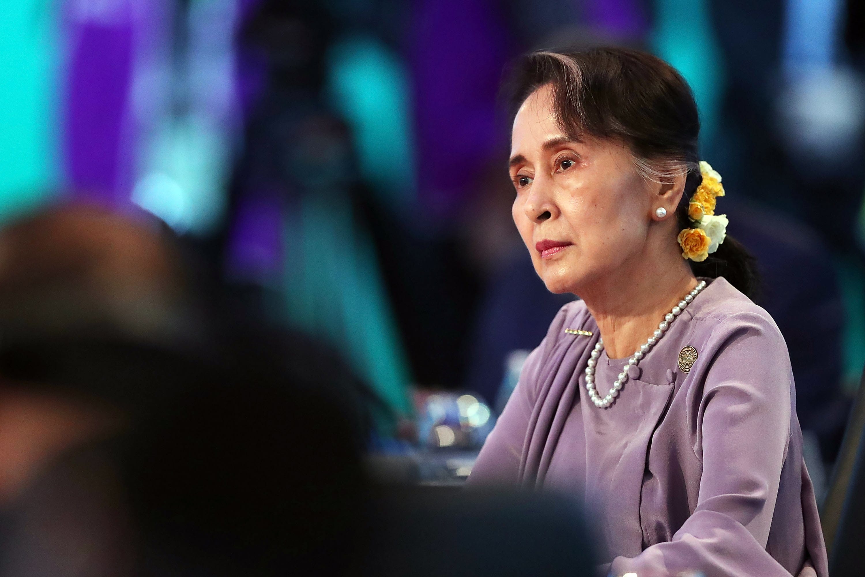 Myanmar State Counsellor Aung San Suu Kyi attends the Leaders Plenary Session of the Association of Southeast Asian Nations (ASEAN)-Australia Special Summit in Sydney on March 18, 2018. (Mark Metcalfe/AFP/Getty Images)