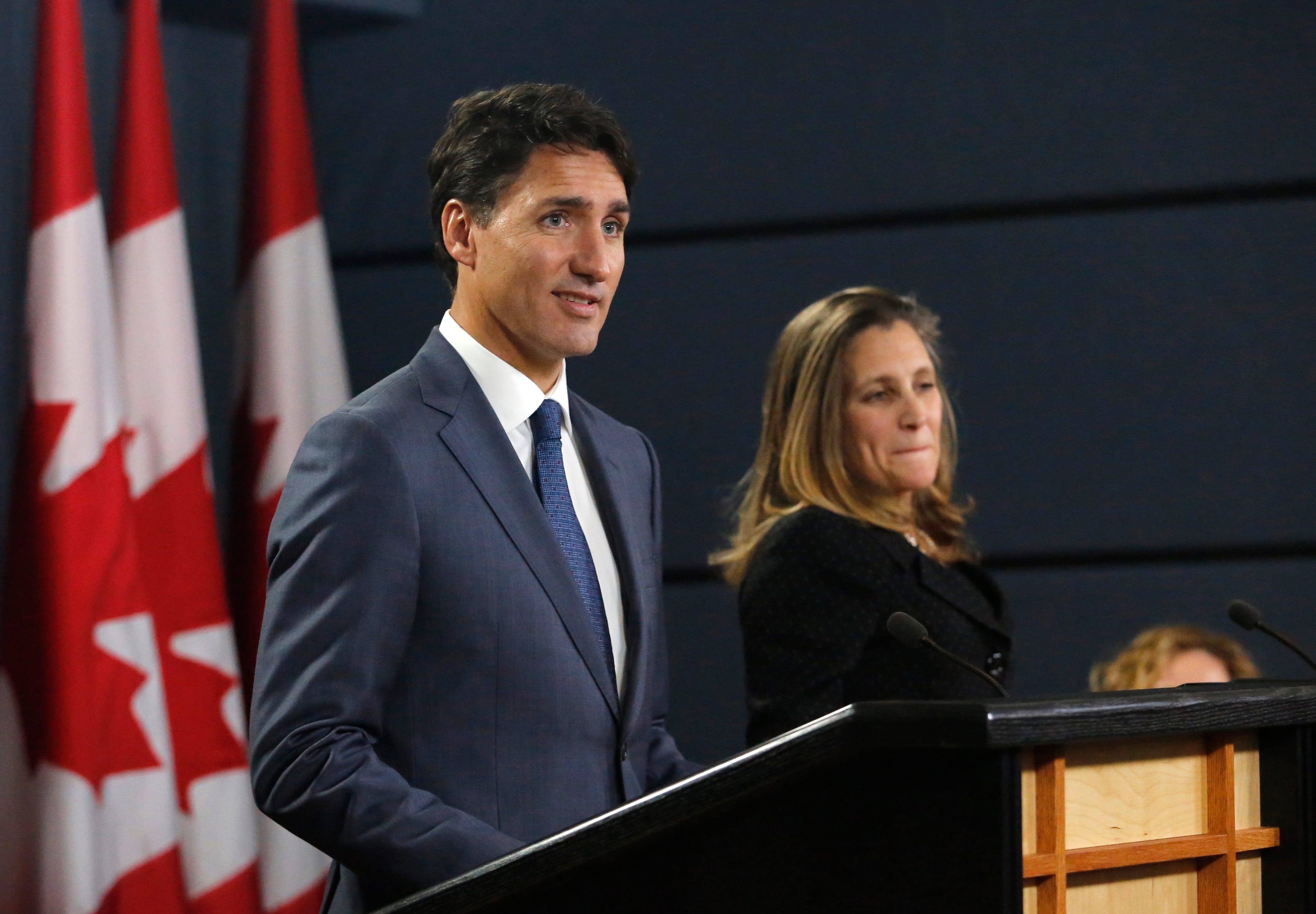 Prime Minister Justin Trudeau and Minister of Foreign Affairs Chrystia Freeland speak at a press conference to announce the new trade with between Canada, the United States, and Mexico in Ottawa, October 1, 2018. (Patrick Doyle/AFP/Getty Images)