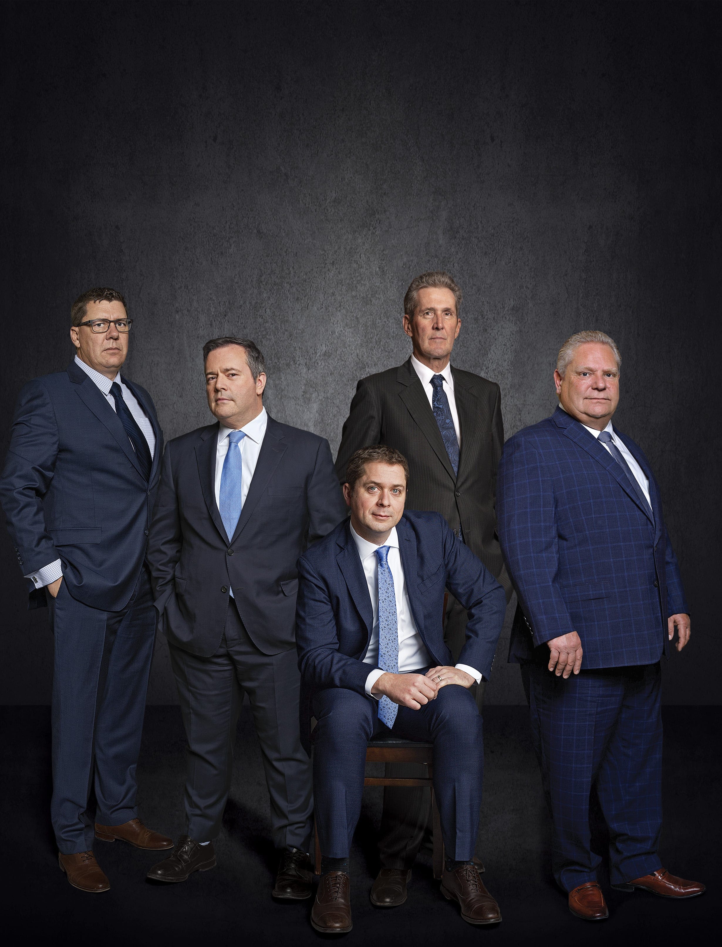 Left to right: Saskatchewan Premier Scott Moe, UCP leader Jason Kenney, Conservative leader Andrew Scheer, Manitoba Premier Brian Pallister, Ontario Premier Doug Ford. (Photographs by Yannick Anton, Réjean Brandt, Jeremy Fokkens, Jennifer Roberts, Carey Shaw; Photo Illustration by Stephen Gregory)