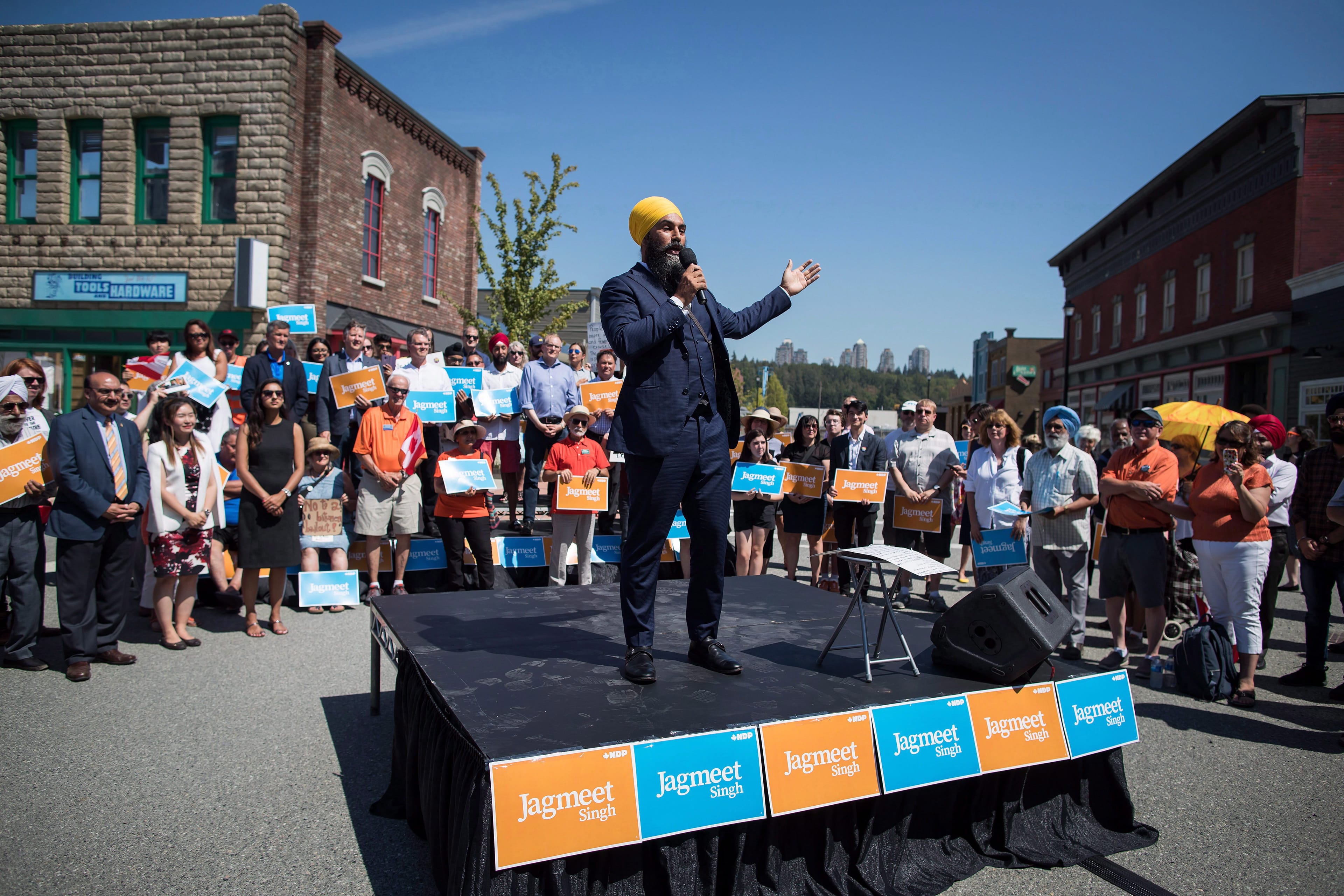 NDP Leader Jagmeet Singh declares his candidacy for Burnaby South on Aug. 8, 2018. (Darryl Dyck/CP)