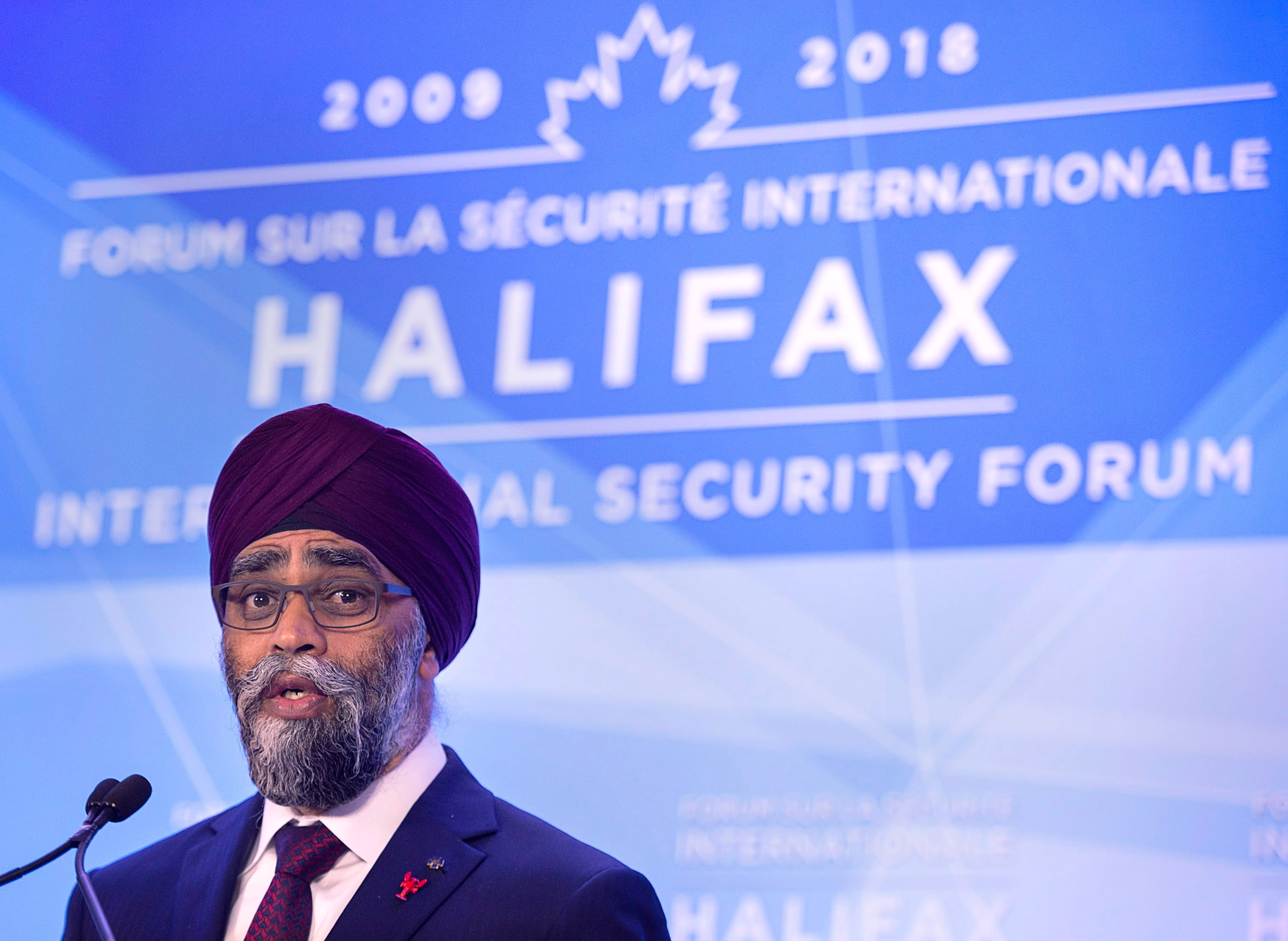 Canadian Defence Minister Harjit Sajjan fields questions at the opening news conference of the Halifax International Security Forum in Halifax on Friday, Nov. 16, 2018. The Canadian Press/Andrew Vaughan