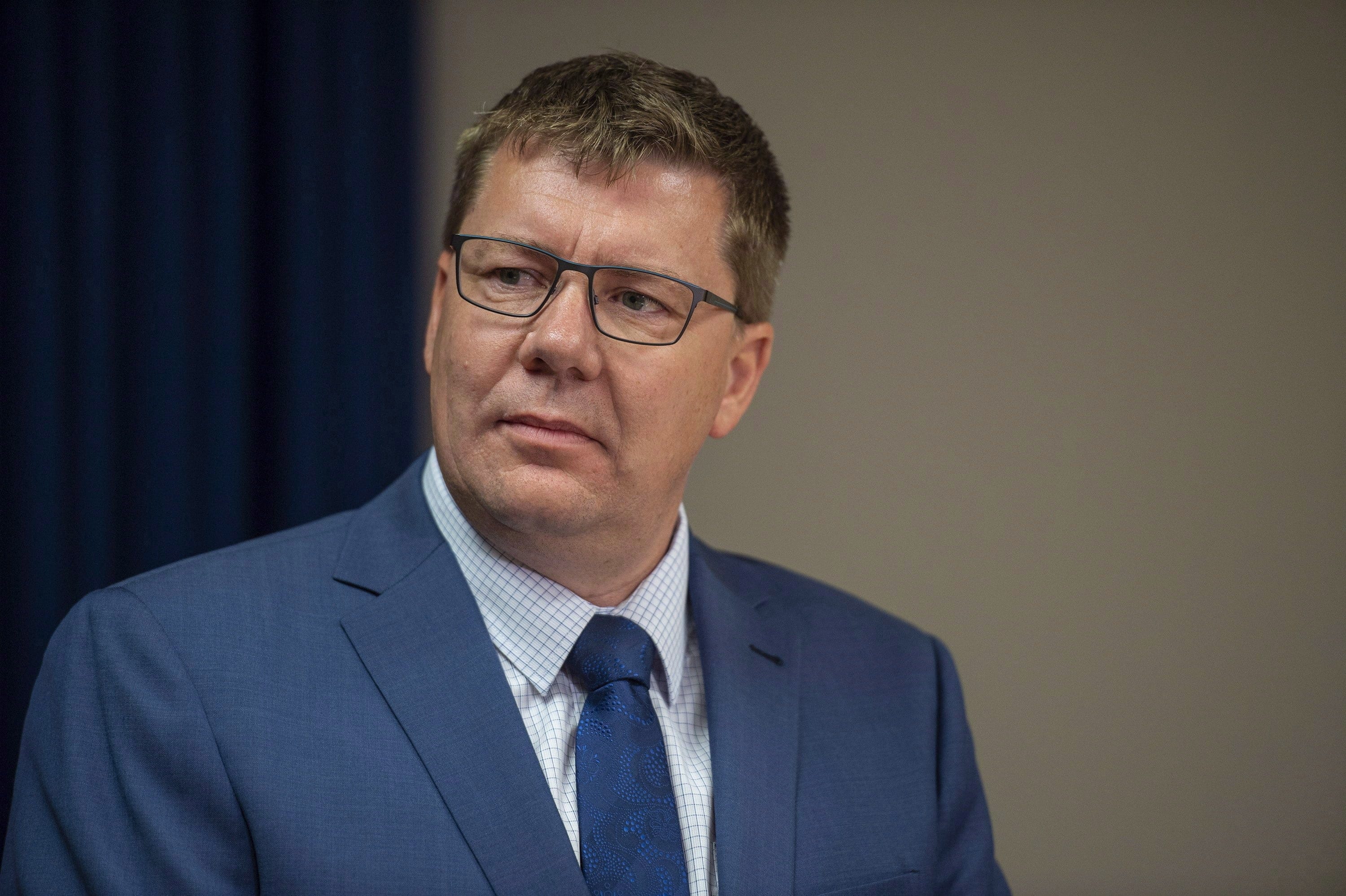 Premier of Saskatchewan Scott Moe during a media event in Saskatoon, Thursday, October 4, 2018. THE CANADIAN PRESS/Liam Richards