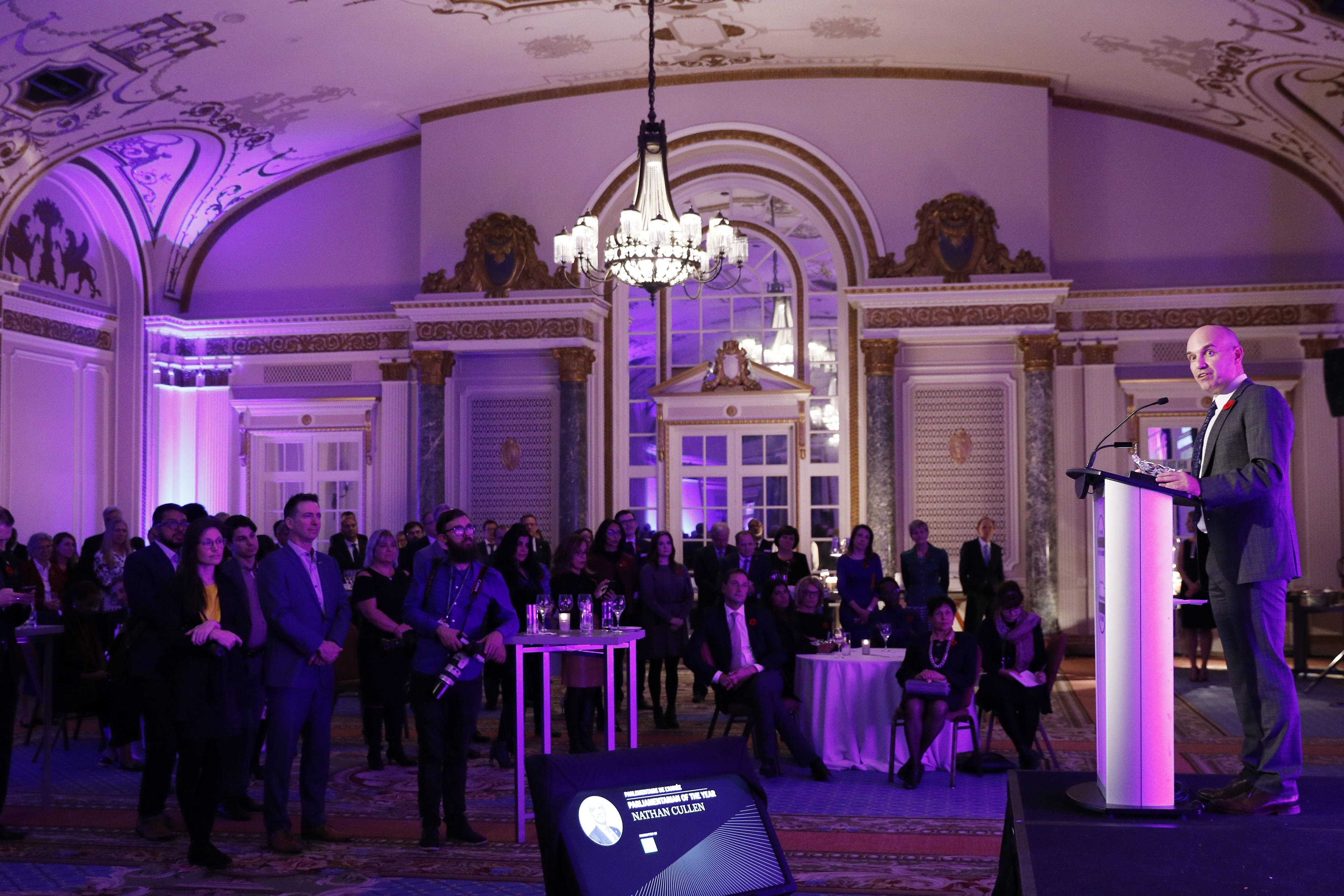 Parliamentarian of the Year award winner Nathan Cullen shares remarks during the Parliamentarian of the Year awards at the Fairmont Chateau Laurier in Ottawa November 5, 2018. Photograph by Blair Gable