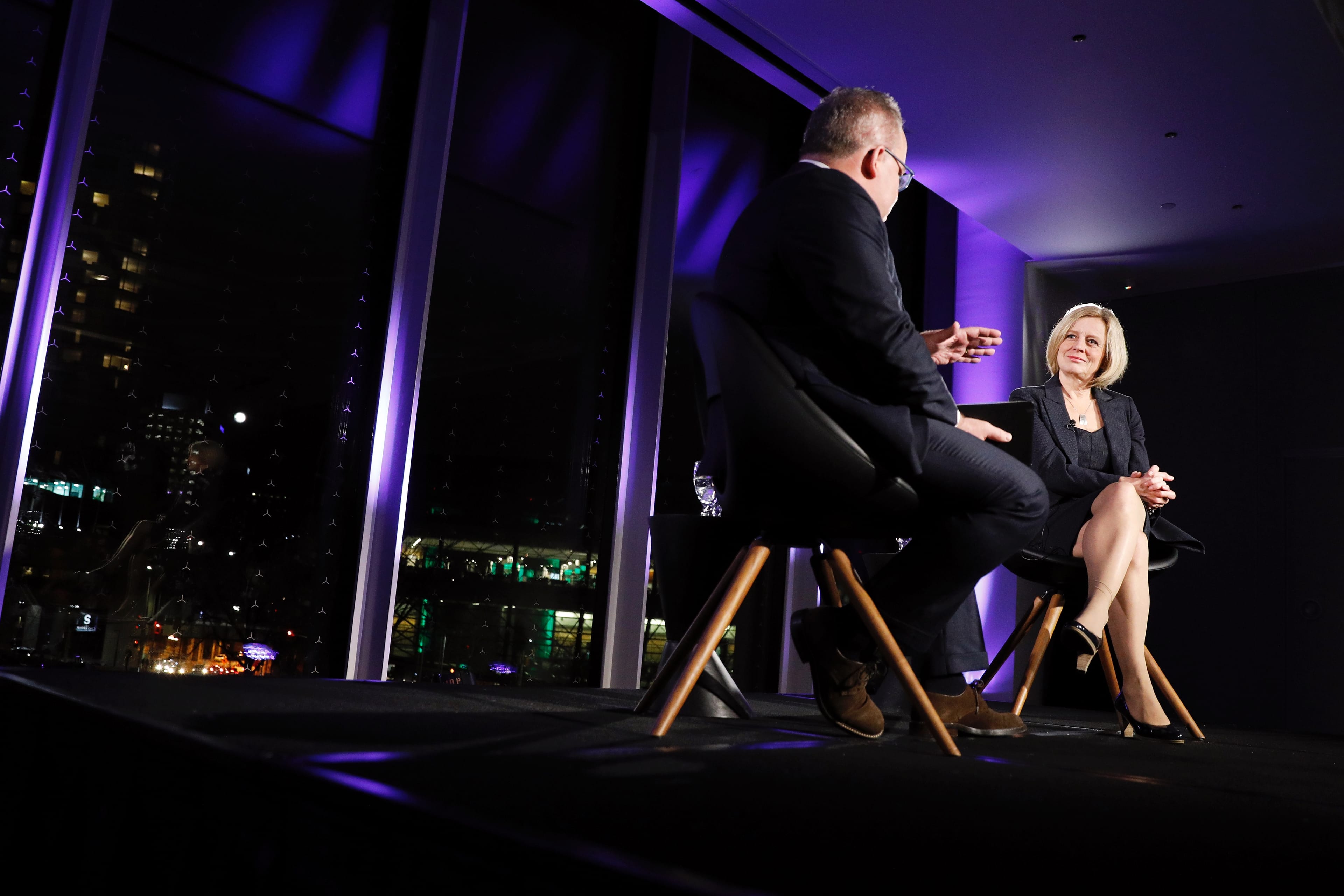 Alberta Premier Rachel Notley talks to Paul Wells at a Maclean's Live event at the National Arts Centre in Ottawa on Nov. 28, 2018 (Blair Gable)