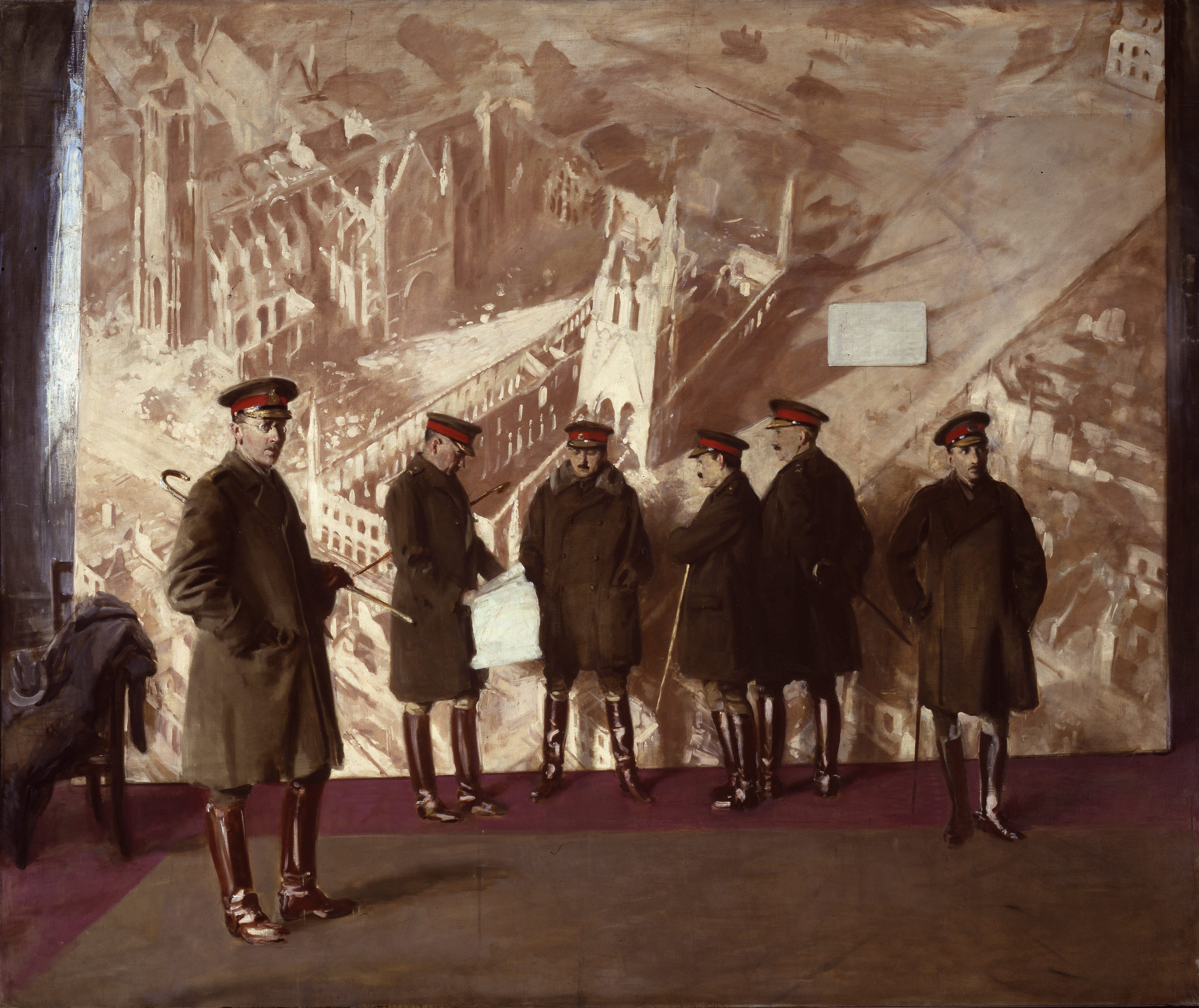 "Canadian Headquarters Staff" by Sir William Newzam Prior Nicholson. (CWM 19710261-0537/Beaverbrook Collection of War Art/Canadian War Museum)