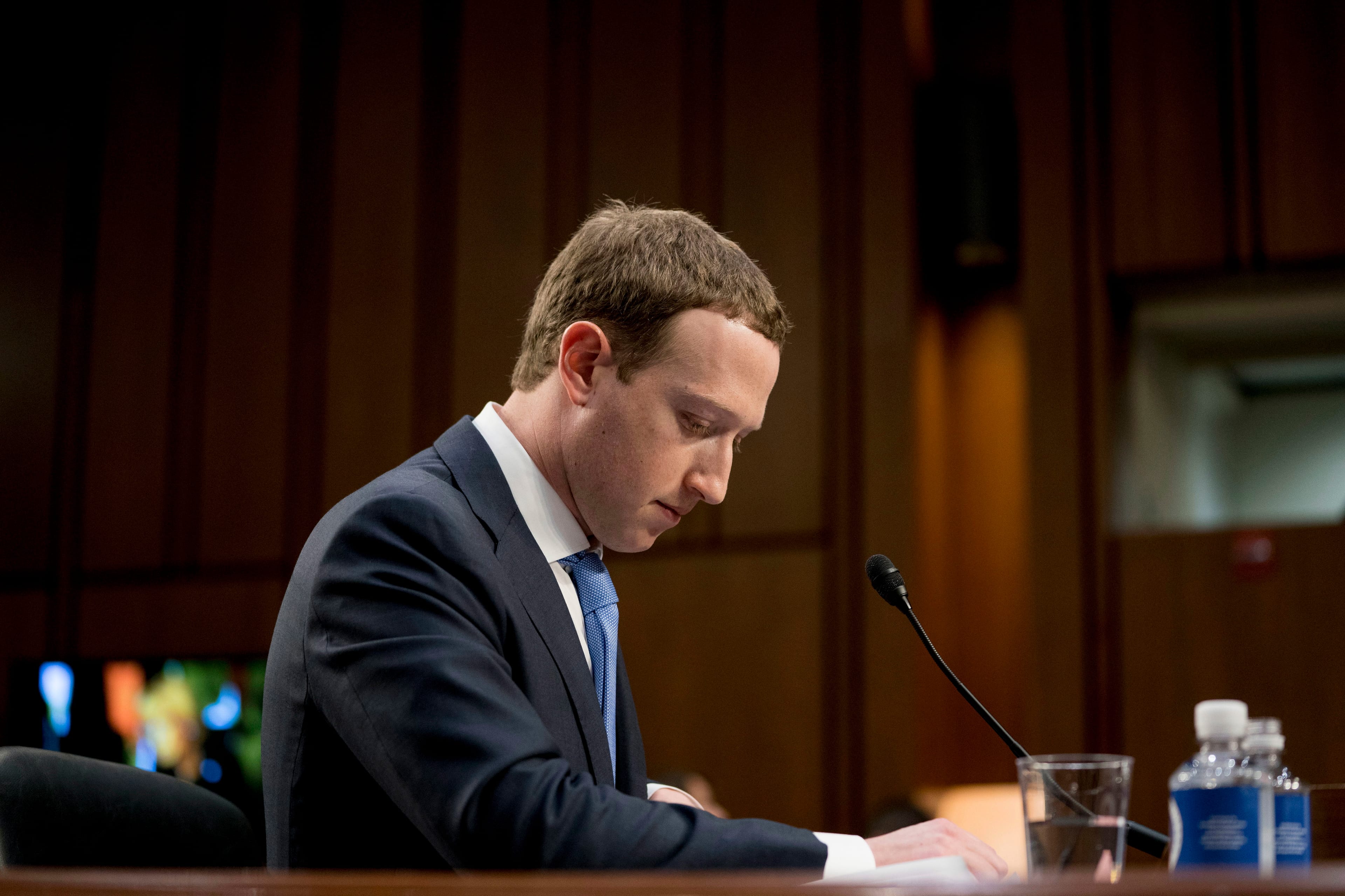 Facebook CEO Mark Zuckerberg testifies on April 10, 2018, before a joint hearing of the Commerce and Judiciary Committees on Capitol Hill in Washington about the use of Facebook data in the 2016 election. (AP Photo/Andrew Harnik)