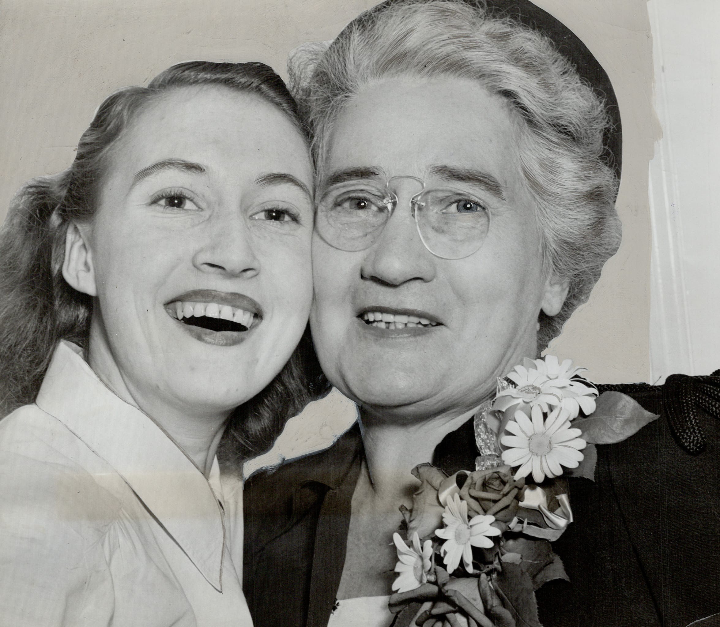 Jubilant in york east is Agnes Macphail; seen being hugged by her niece; Ruby Campbell; after Miss Macphail; the only woman candidate elected; took the riding for the C. C. F. She defeated three men in contest; expressed delight at Drew's personal loss   (Toronto Star Archives/Getty Images)