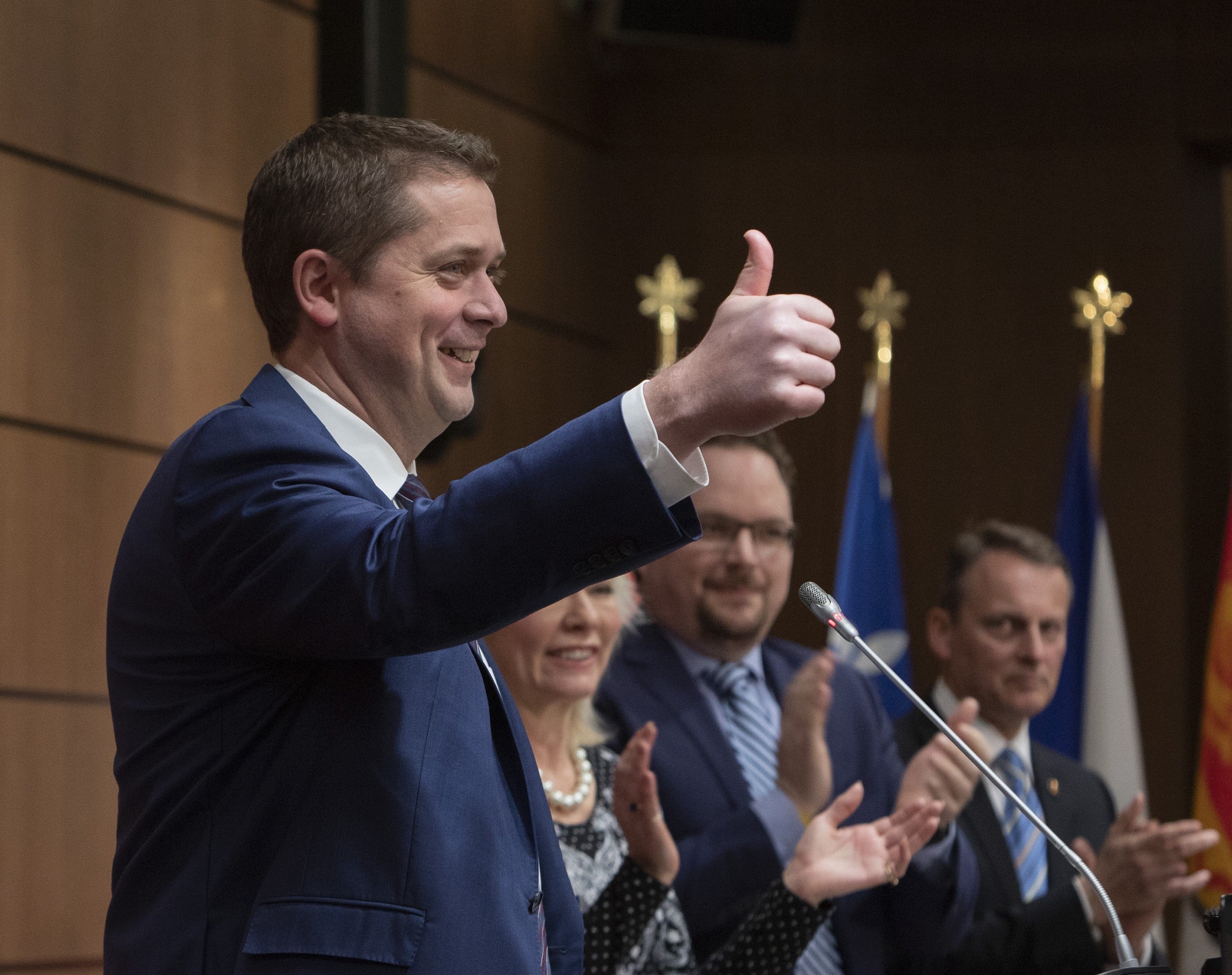 Conservative Leader Andrew Scheer gives the thumbs up as he addresses the Conservative caucus on Parliament Hill in Ottawa on Sunday, Jan. 27, 2019. (Fred Chartrand/CP)