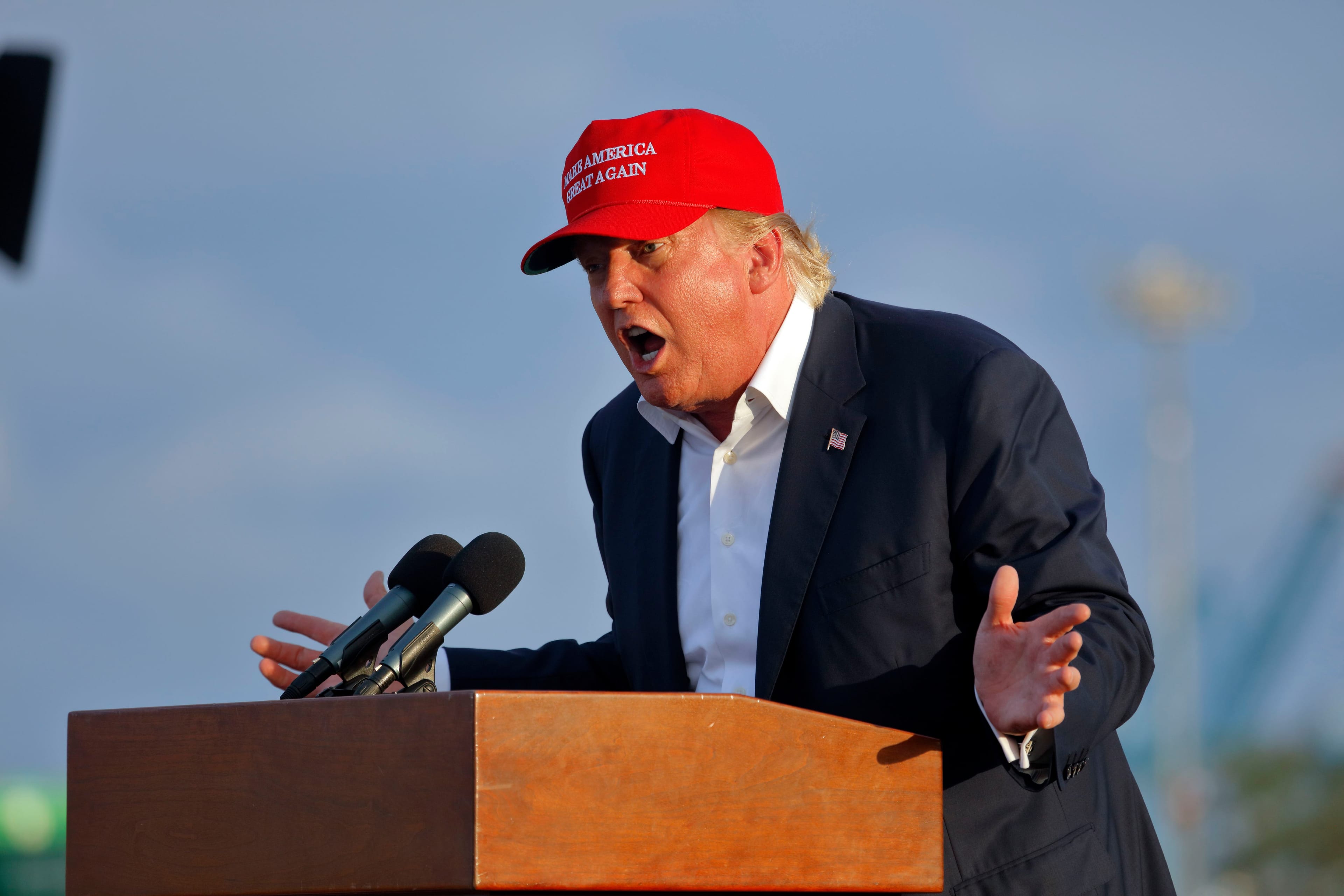 San Pedro, CA, September 15, 2015, Donald Trump, 2016 Republican Presidential Candidate, Speaks During A Rally Aboard The Battleship USS Iowa In San Pedro, Los Angeles, California While Wearing A Red Baseball Hat That Says Campaign Slogan 'Make America Great Again.'. (Photo by: Visions of America/UIG via Getty Images)