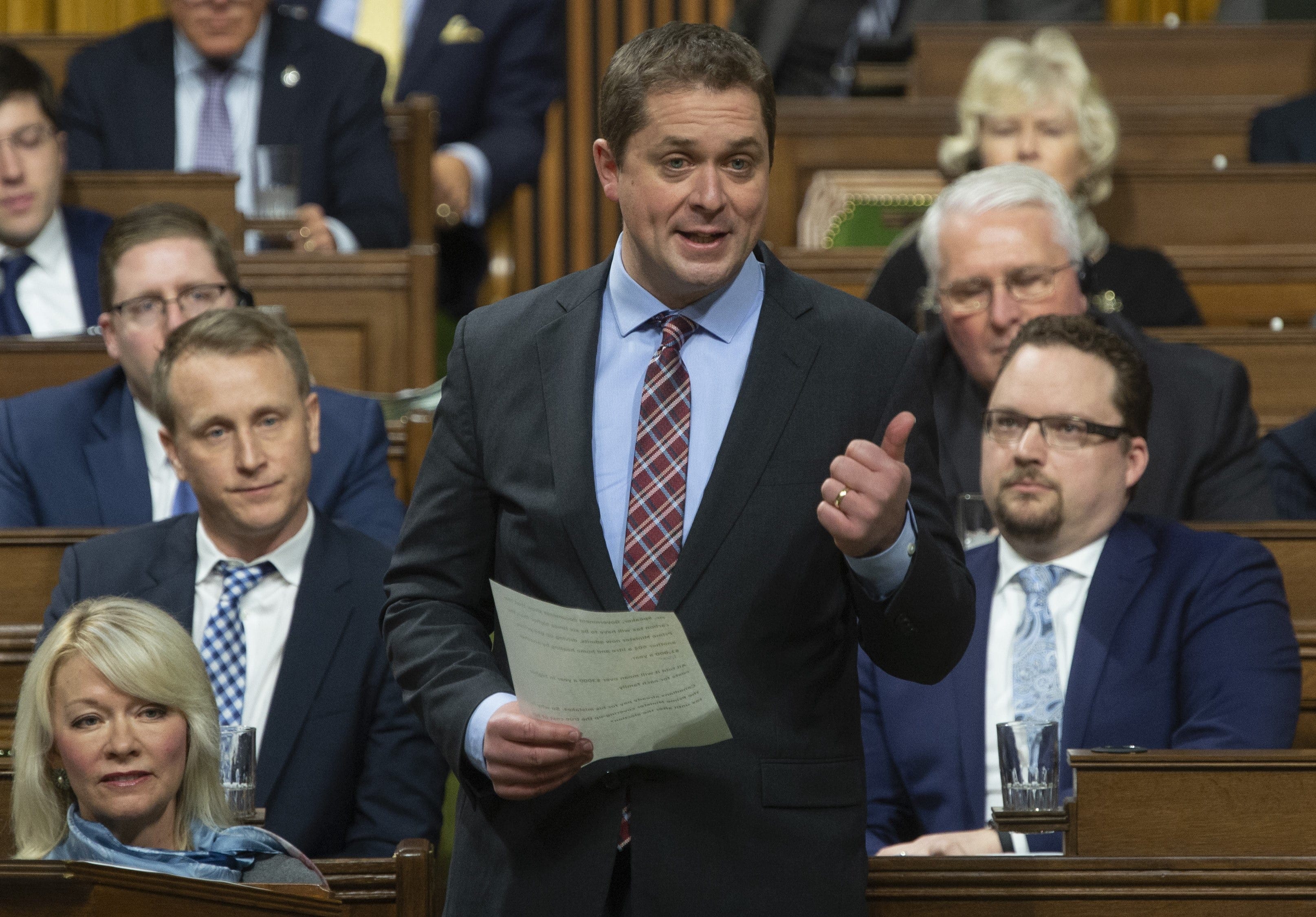 Leader of the Opposition Andrew Scheer rises during Question Period in the House of Commons Monday January 28, 2019 in Ottawa. THE CANADIAN PRESS/Adrian Wyld