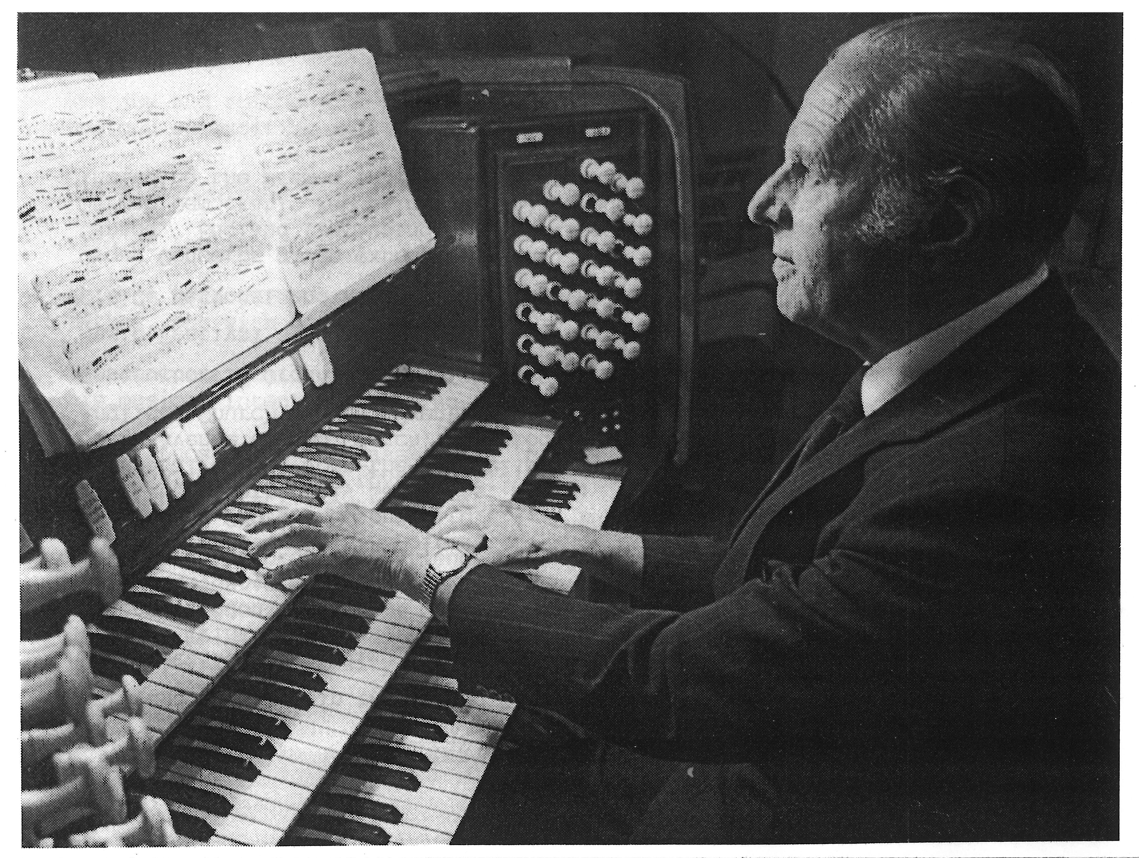 Harry Abley in Saskatoon, in the late 1970s or early 1980s. Abley was recognized as one of the leading organists on the prairies. (Mark Abley/University of Regina Press)