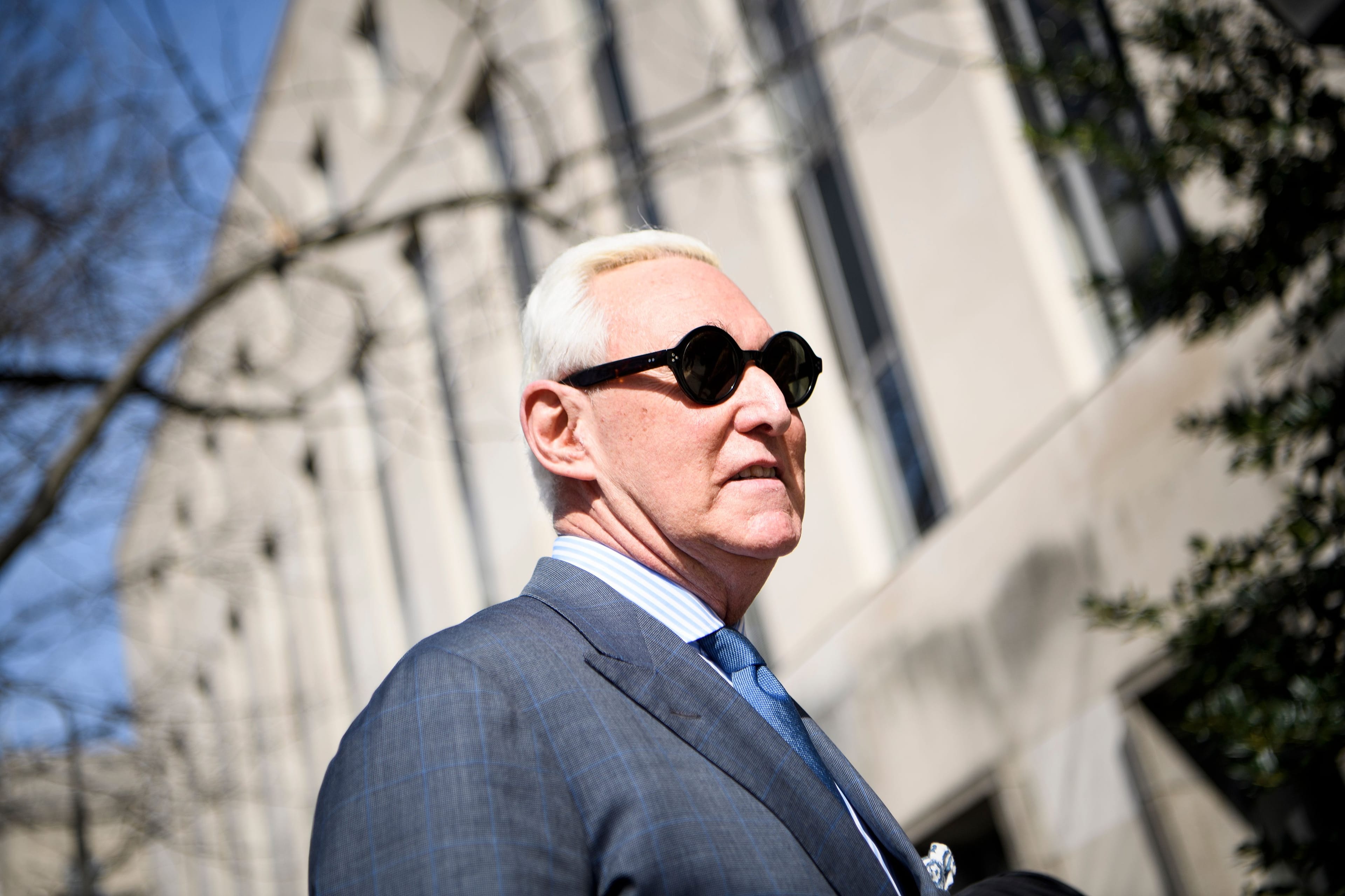 Former campaign advisor to US President Donald Trump, Roger Stone, arrives at US District Court in Washington, DC on February 21, 2019. (Photo by Brendan Smialowski/AFP/Getty Images)