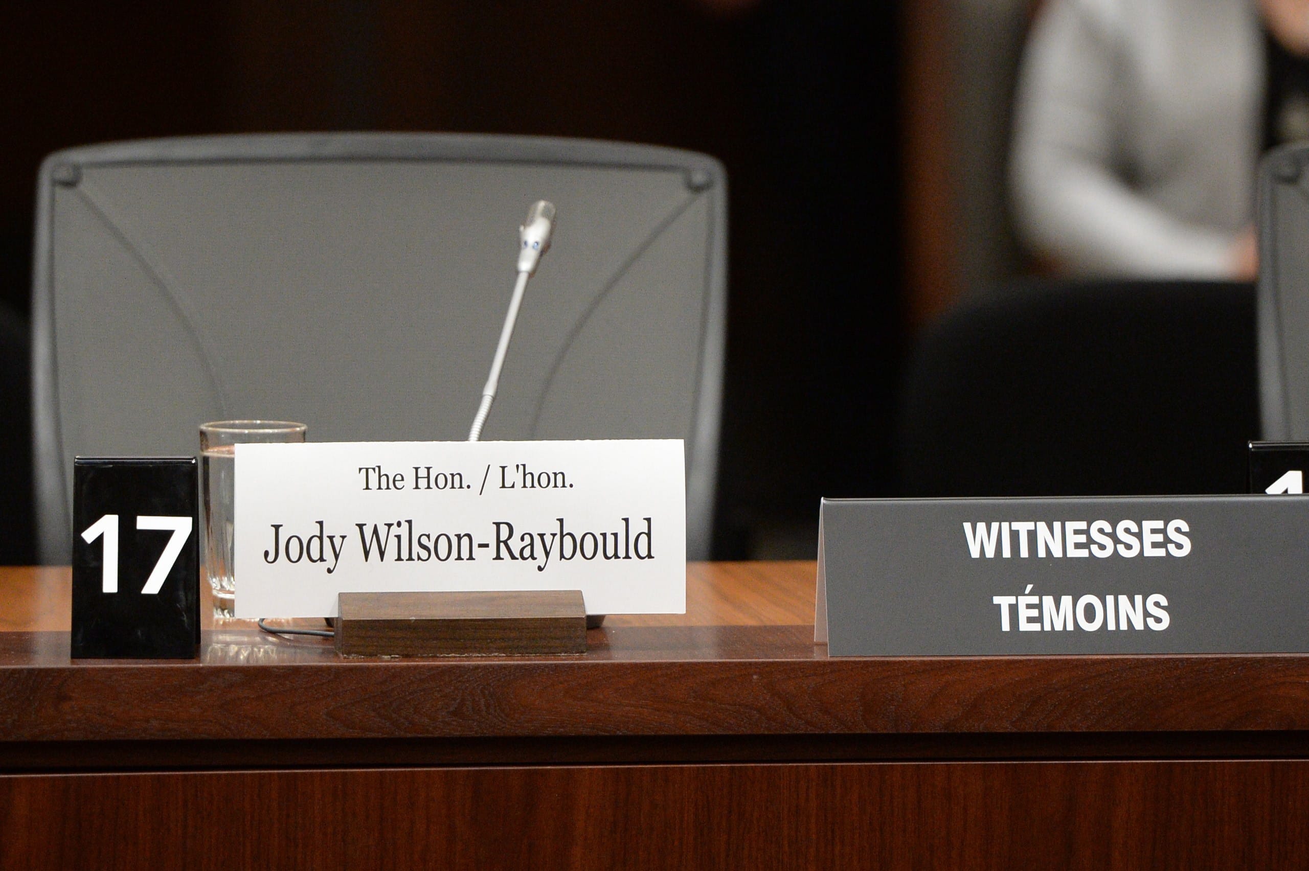 The nameplate of former attorney general Jody Wilson-Raybould is shown at the House of Commons Justice Committee on Parliament Hill in Ottawa on Wednesday, Feb. 27, 2019. (THE CANADIAN PRESS/Sean Kilpatrick)