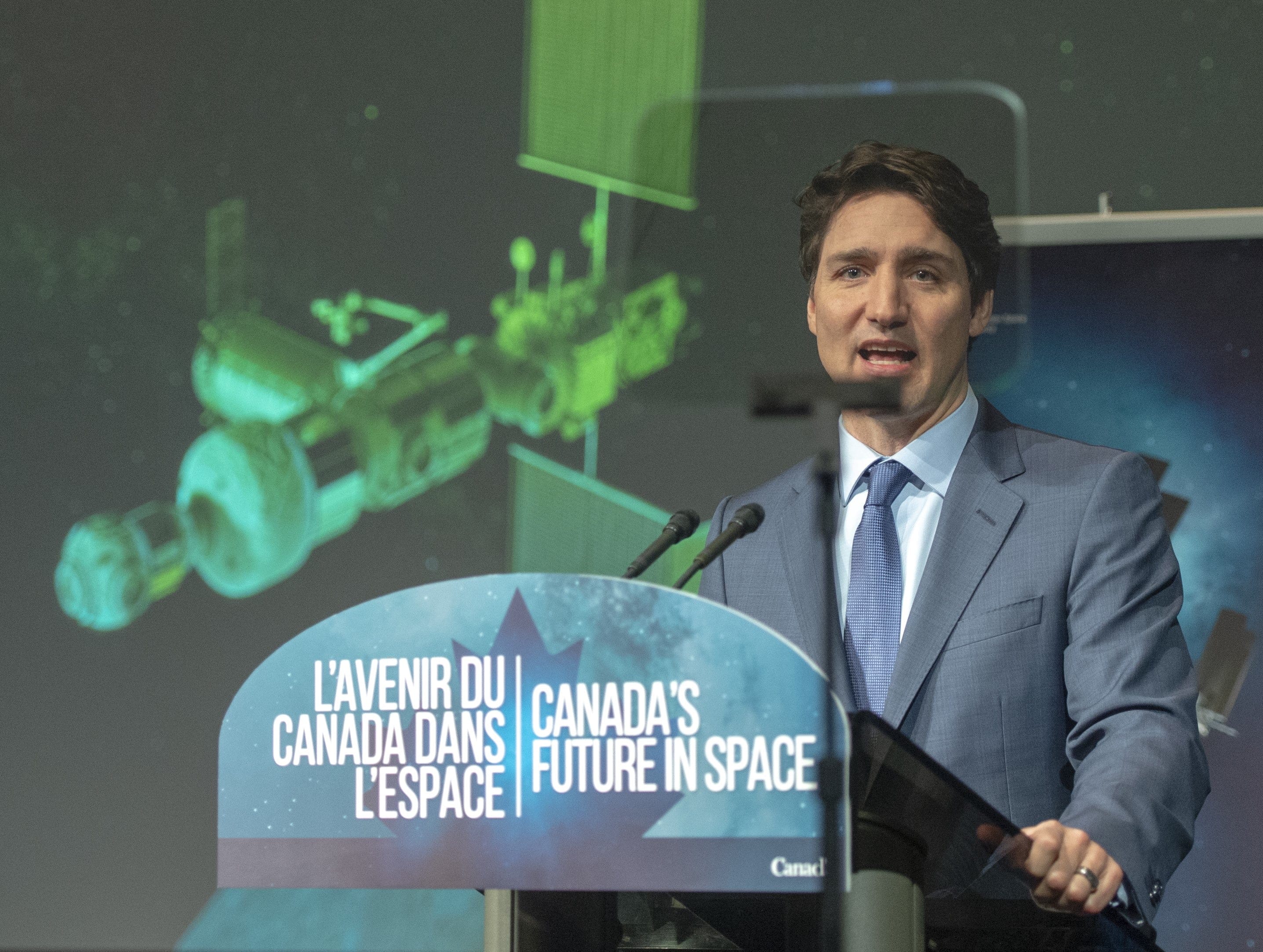 Prime Minister Justin Trudeau announces that Canada will take part in an international lunar space station project at the Canadian Space Agency headquarters Thursday, February 28, 2019 in St. Hubert, Que. (Ryan Remiorz/CP)