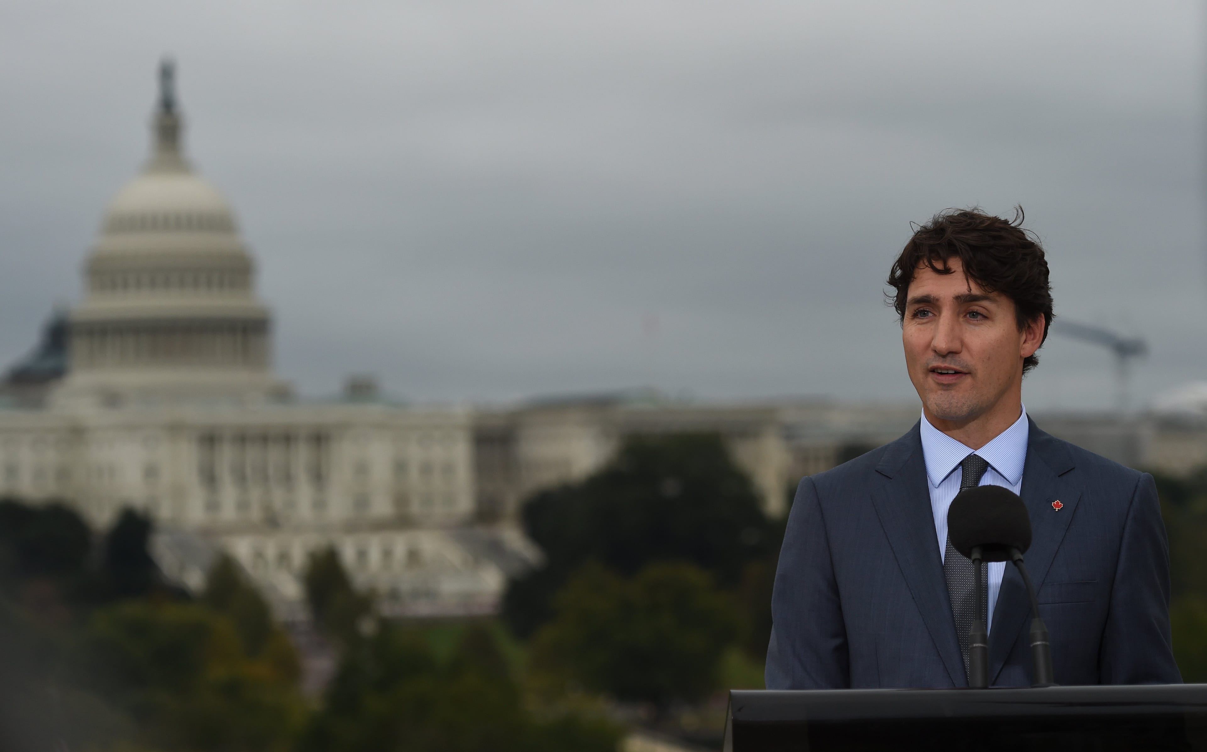 Prime Minister Justin Trudeau speaks during a press conference at the Canadian Embassy in Washington, DC, on October 11, 2017. (Andrew Caballero-Reynolds/AFP/Getty Images)