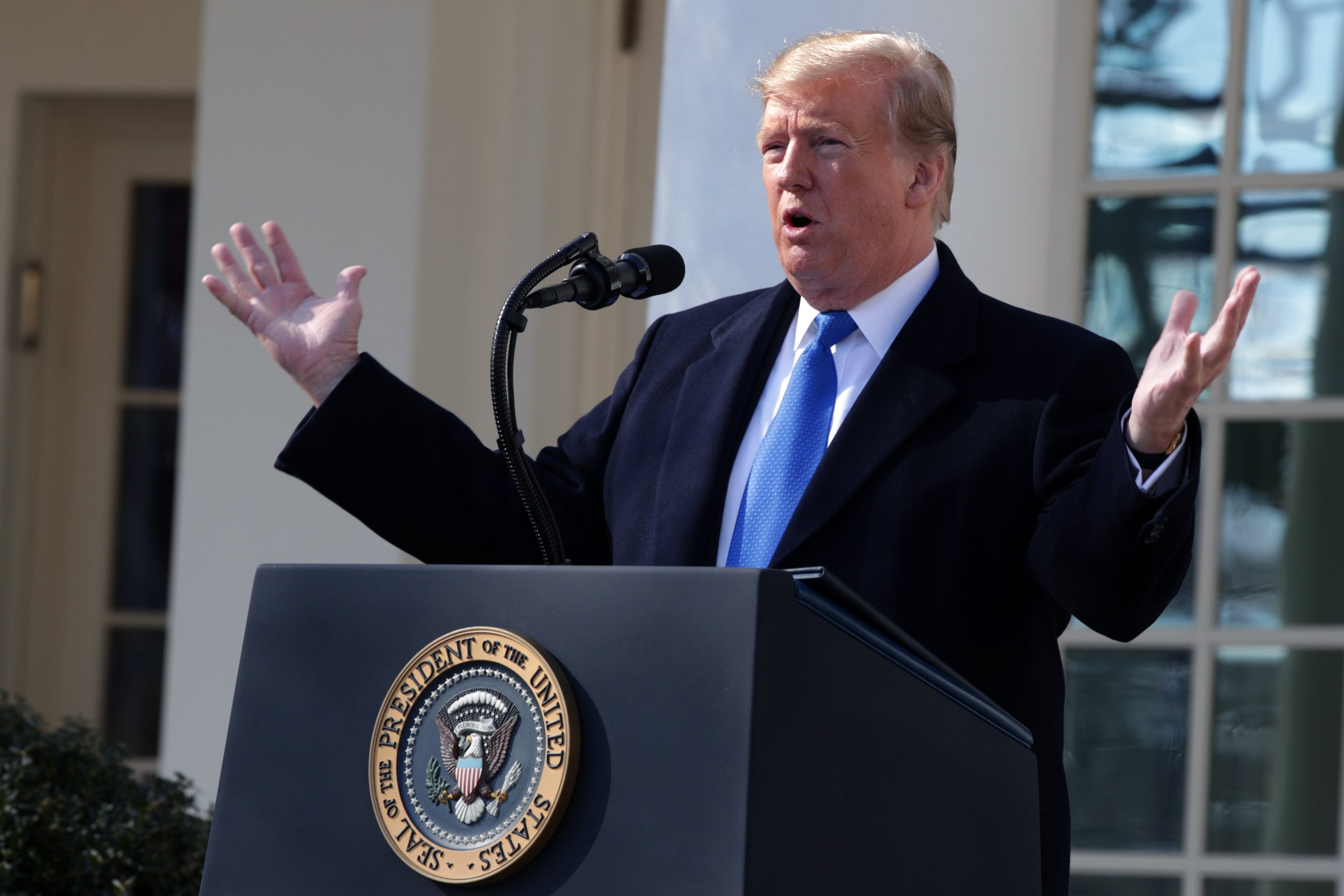Trump speaks in the White House Rose Garden on Friday as expectations mount that he will declare a national emergency to free up funding to build a wall along America's southern border.  (Photo by Alex Wong/Getty Images)