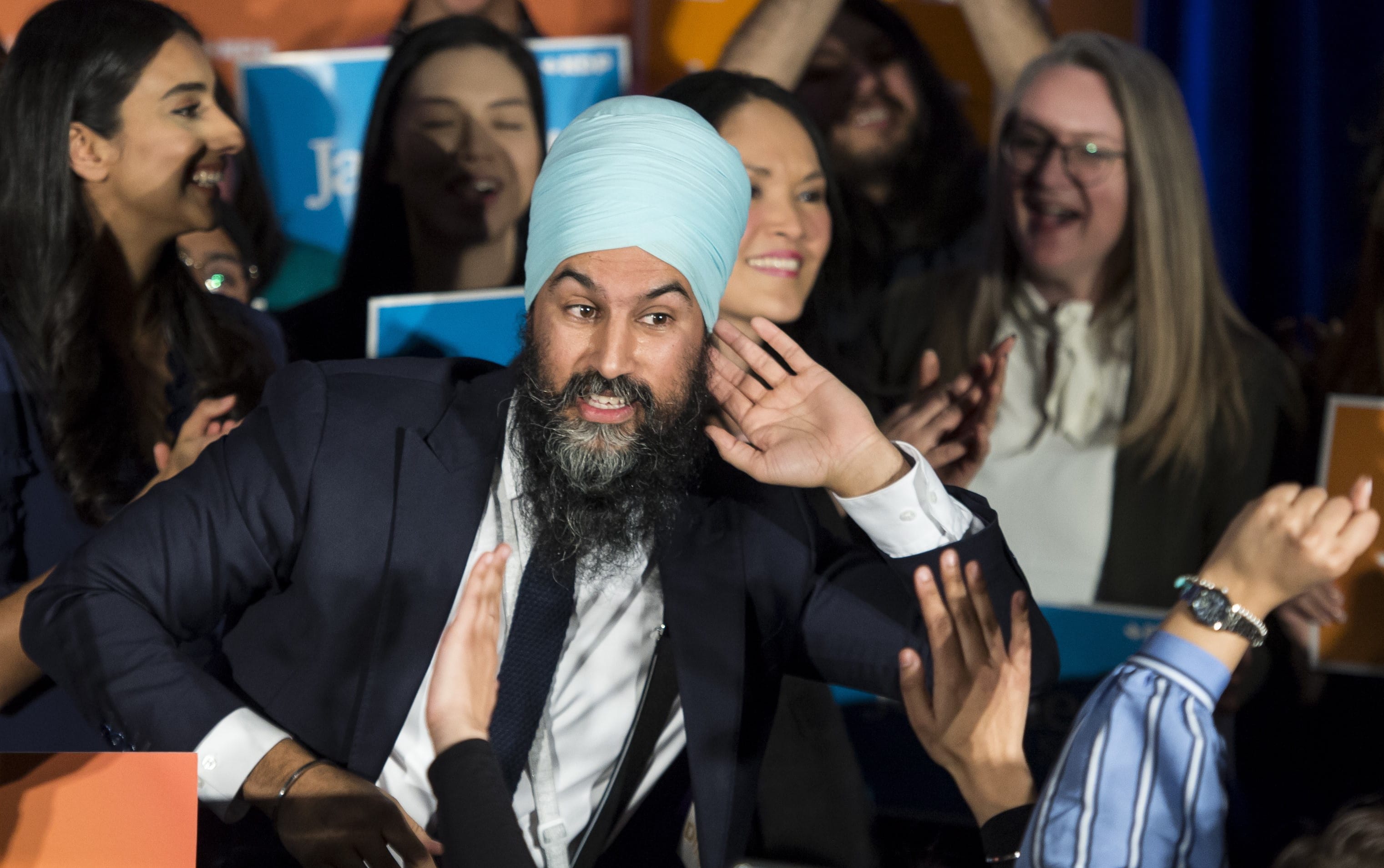 NDP leader Jagmeet Singh celebrates his Burnaby South byelection win in Burnaby, B.C., Monday, Feb. 25, 2019. THE CANADIAN PRESS/Jonathan Hayward