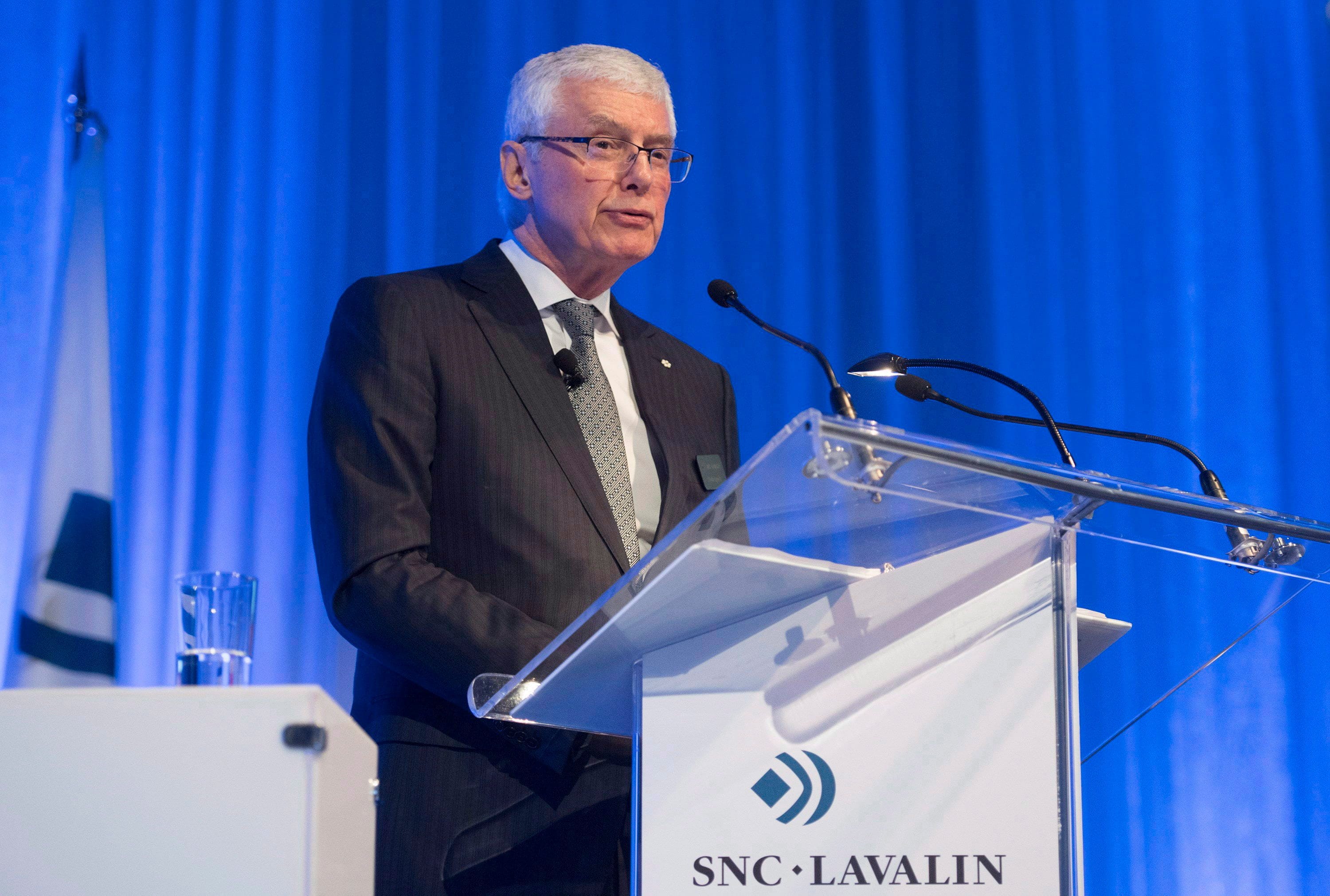 SNC-Lavalin Chairman Kevin Lynch addresses shareholders during the company's annual general meeting in Montreal, Thursday, May 3, 2018. THE CANADIAN PRESS/Graham Hughes