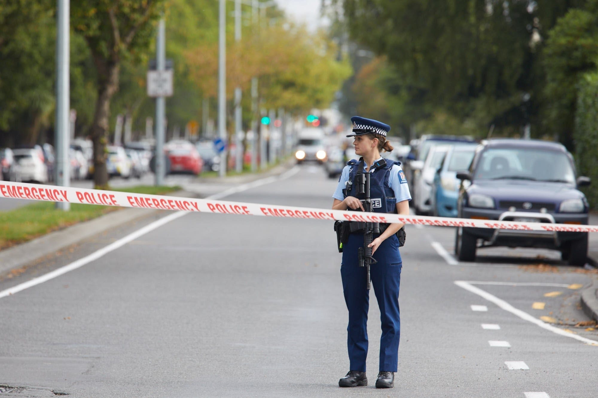 Police officers cordon off the area after gunmen attacked the two mosques during Friday prayers in Christchurch, New Zealand on March 15, 2019. (Diederik van Heyningen/Anadolu Agency/Getty Images)