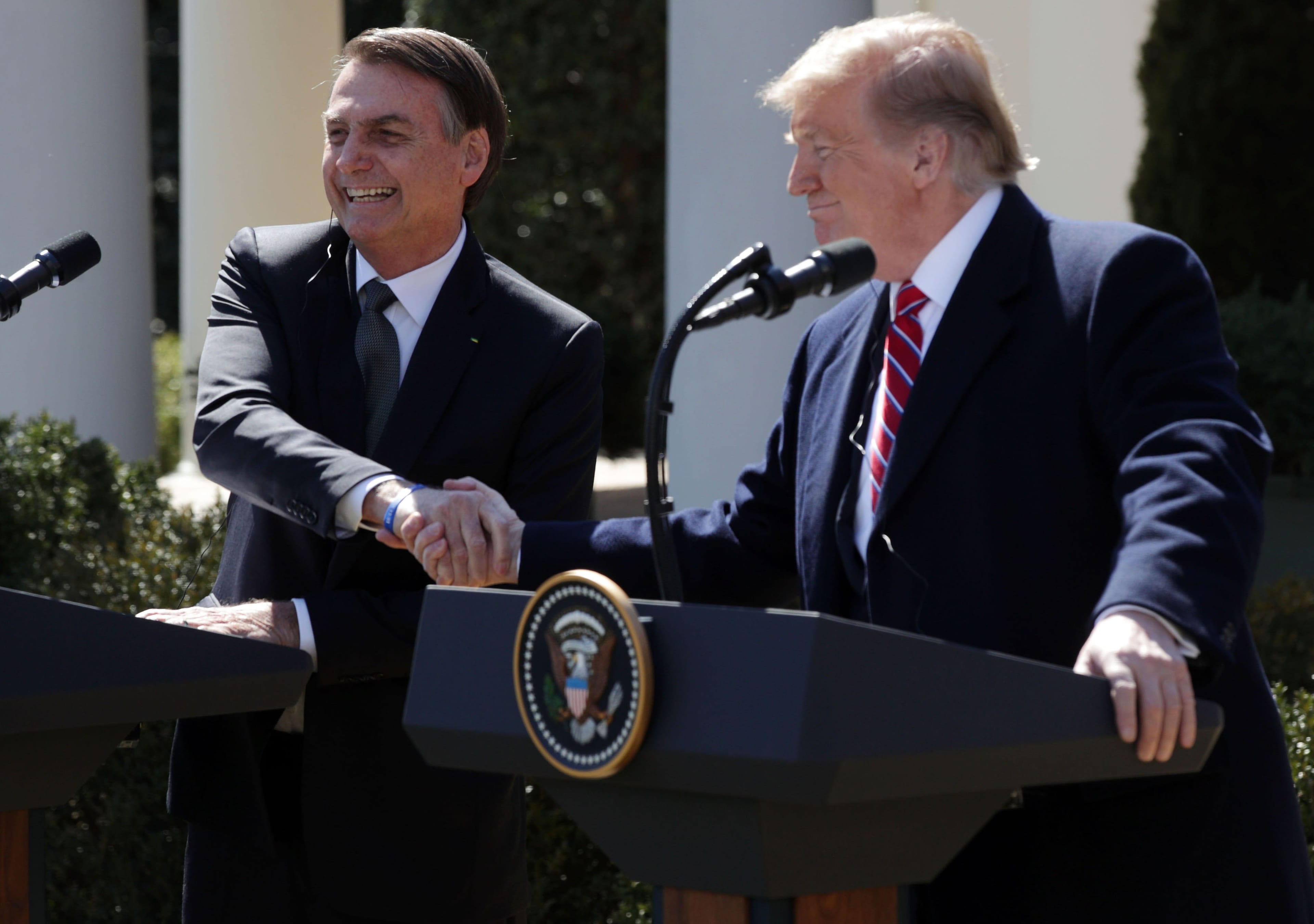 U.S. President Donald Trump and Brazilian President Jair Bolsonaro participate in a joint news conference at the Rose Garden of the White House March 19, 2019 in Washington, DC. President Trump is hosting President Bolsonaro for a visit and bilateral talks at the White House today.  (Alex Wong/Getty Images)