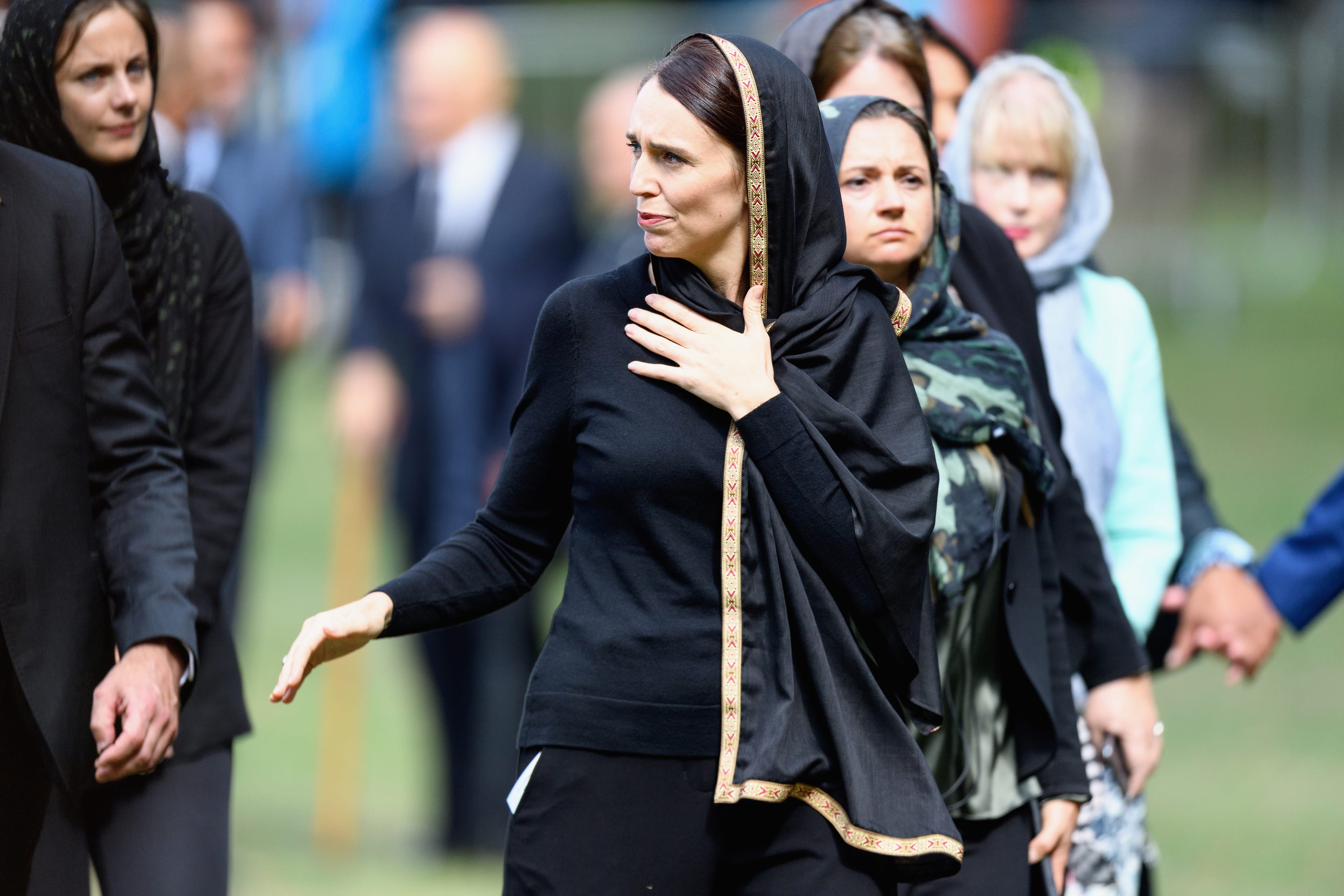 New Zealand Prime Minister Jacinda Ardern after attending Islamic prayers in Hagley Park near Al Noor mosque (Photo by Kai Schwoerer/Getty Images)