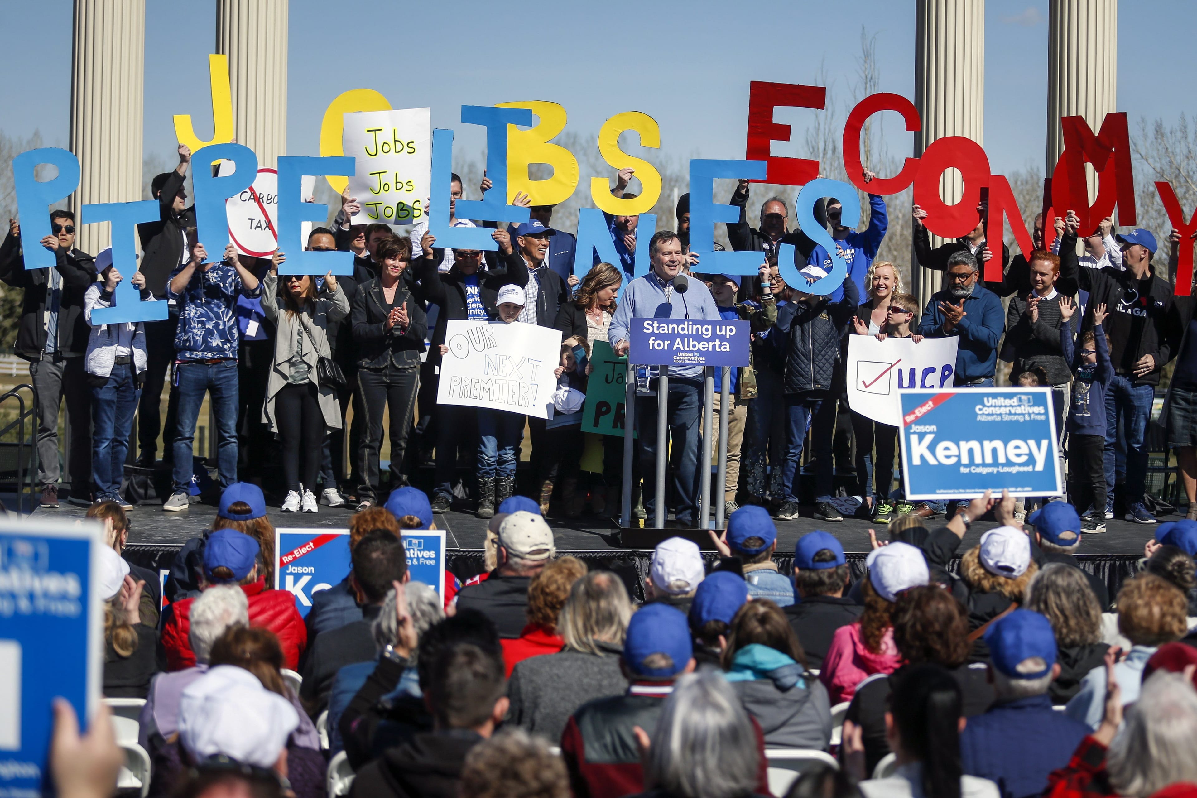 UCP leader Jason Kenney at a rally in Calgary in March (Jeff McIntosh/CP)