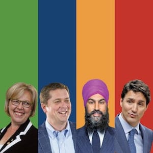 Elizabeth May, Andrew Scheer, Jagmeet Singh, Justin Trudeau. (Chad Hipolito/CP, James West/CP, Phillip Chin/Getty Images, Adrian Wyld/CP; Photo illustration by Liz Sullivan)