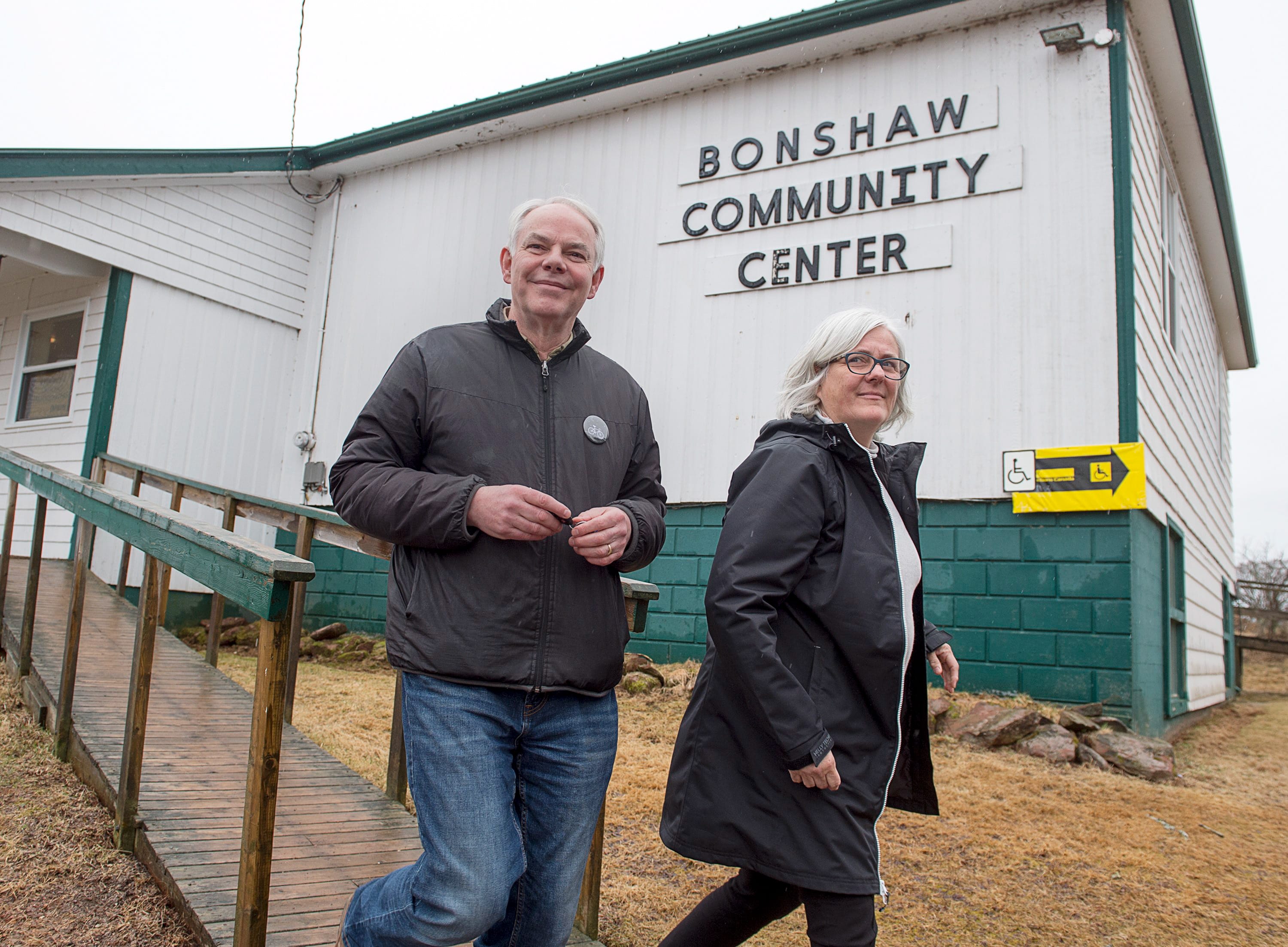 Green Party leader Peter Bevan-Baker and his wife Ann leave a polling station after voting in the Prince Edward Island provincial election on Tuesday (Andrew Vaughan/CP)