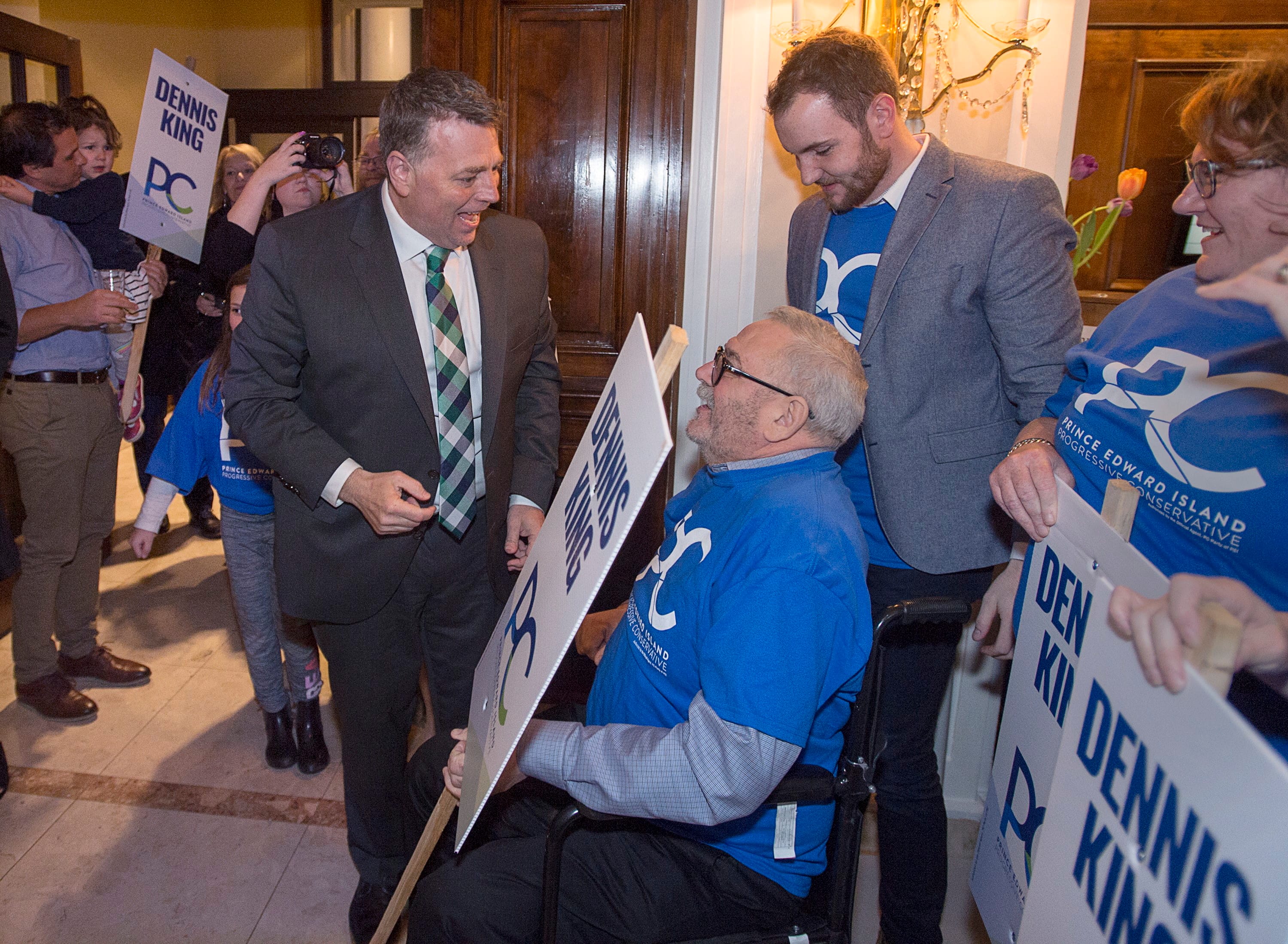 Progressive Conservative leader Dennis King arrives to greet supporters after winning the Prince Edward Island provincial election in Charlottetown on Tuesday, April 23, 2019. The Progressive Conservatives will form a minority government with the Green party as the opposition. (Andrew Vaughan/CP)