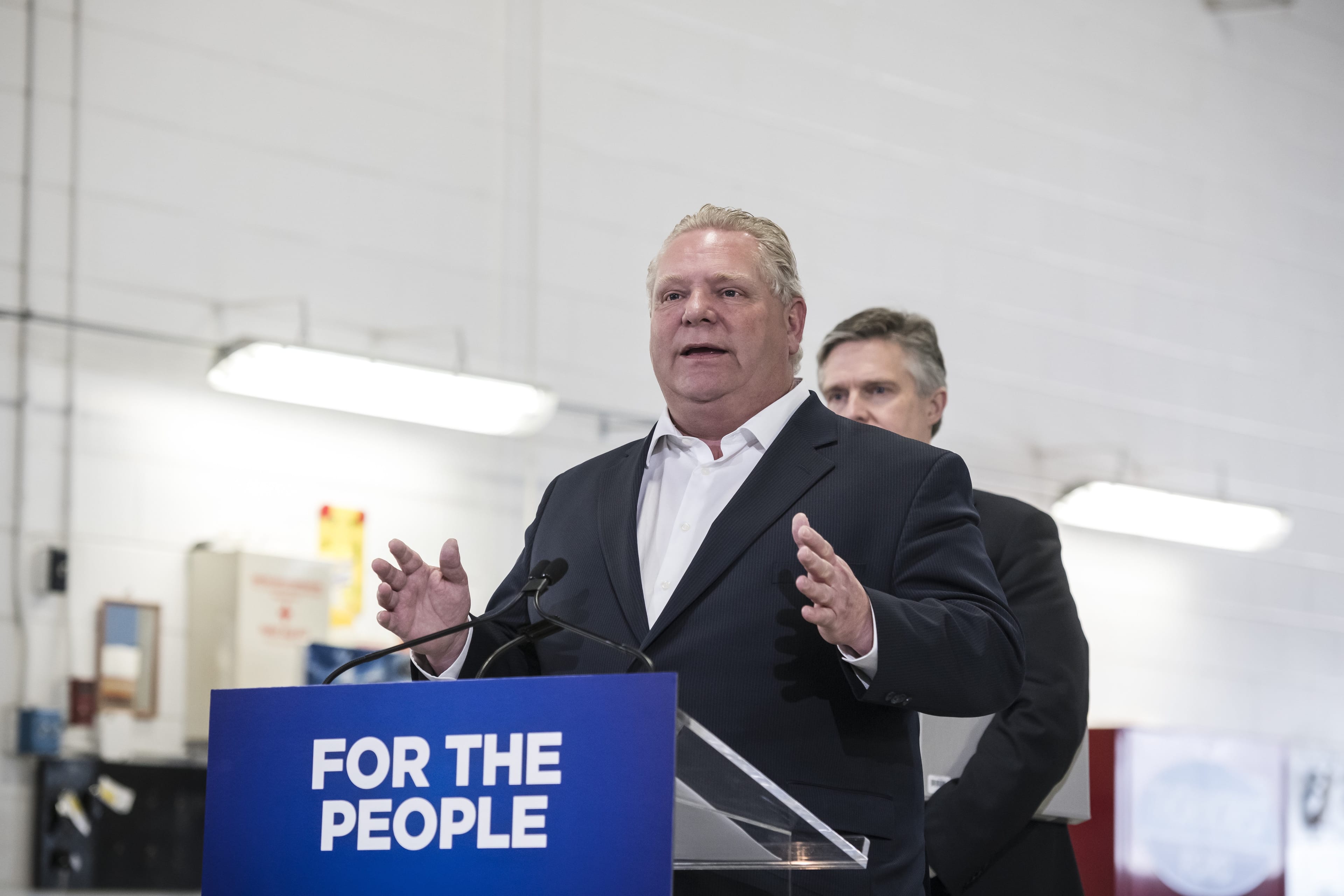 Ontario Premier Doug Ford gives remarks at a car dealership in Toronto, on Monday, April 1, 2019. THE CANADIAN PRESS/Christopher Katsarov