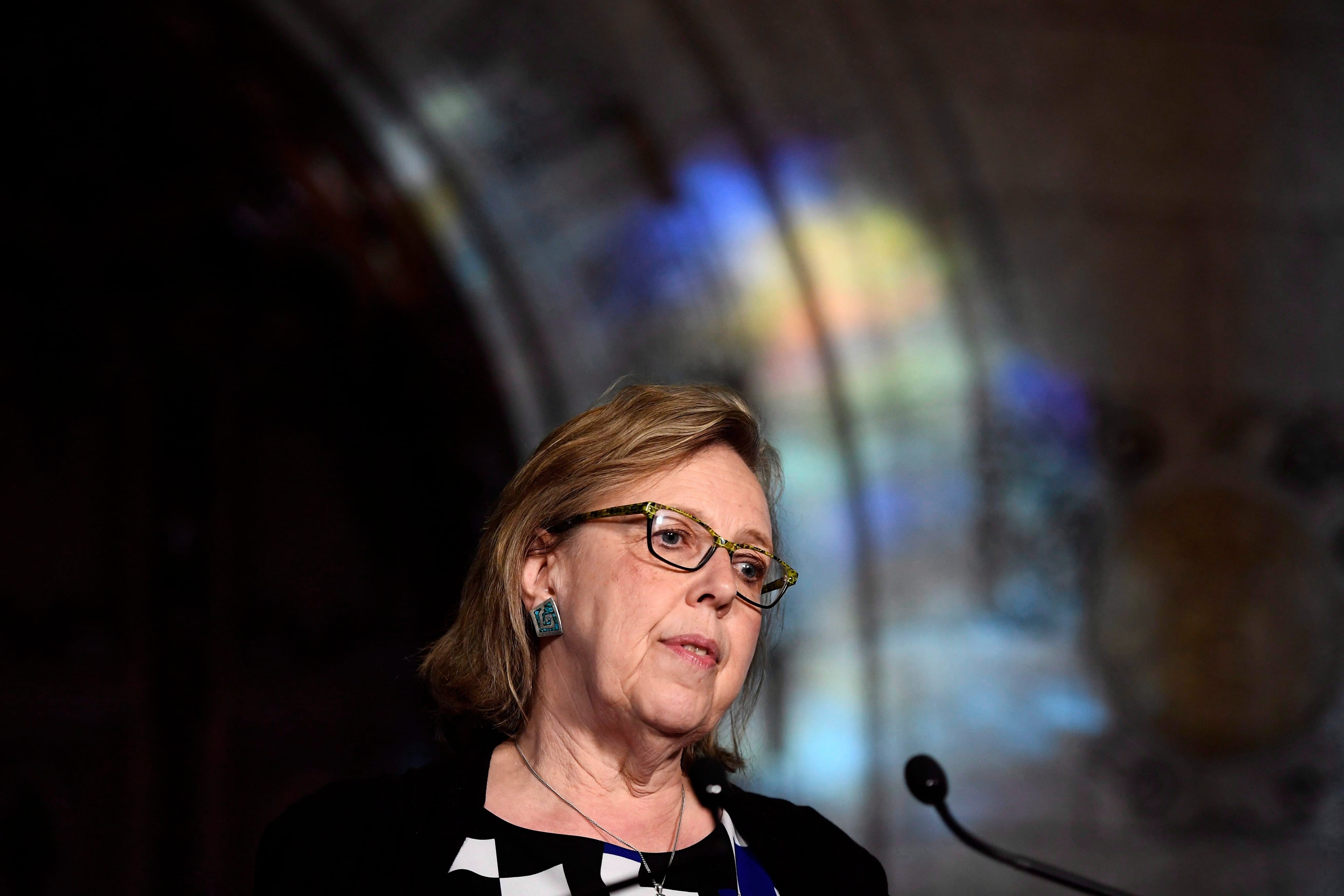 May speaks to reporters about the government's plan to buy the Trans Mountain pipeline, on Parliament Hill on May 29, 2018. (THE CANADIAN PRESS/Justin Tang)
