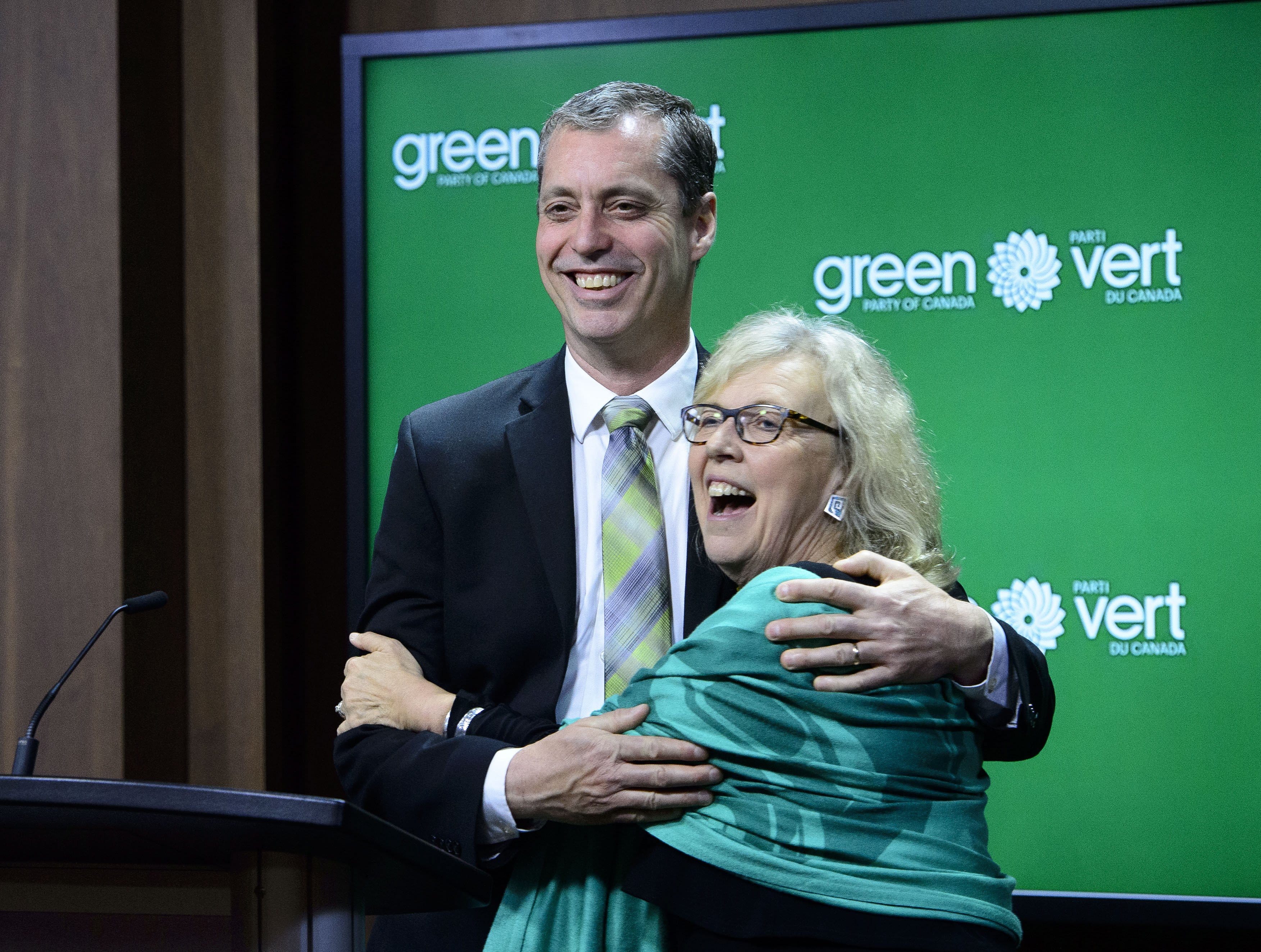 Green Party of Canada leader Elizabeth May introduces newly elected Green MP, Paul Manly, on Parliament Hill on Friday, May 10, 2019. (Sean Kilpatrick/CP)