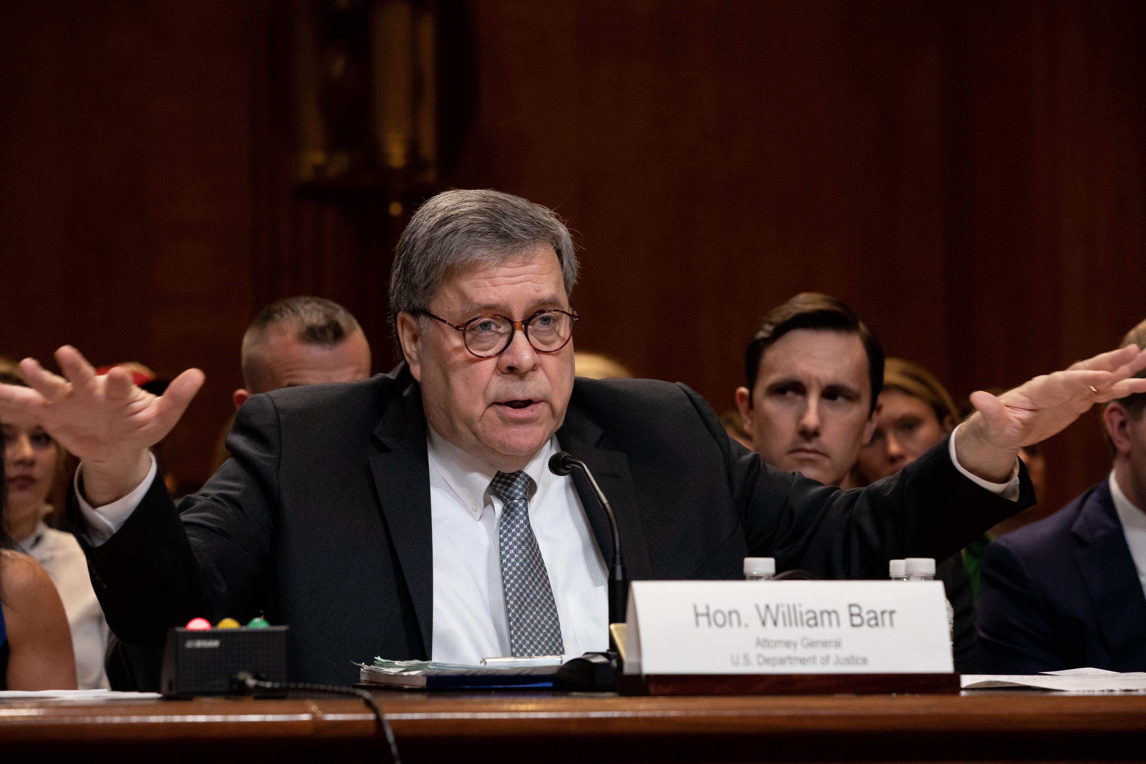 William Barr, U.S. attorney general, speaks during a House Appropriations Subcommittee hearing in Washington, D.C., U.S., on Wednesday, April 10, 2019. Barr said that he's starting his own inquiry into counterintelligence decisions that may have amounted to political "spying," including actions taken during the probe of the Trump campaign in 2016. Photographer: Anna Moneymaker/Bloomberg via Getty Images