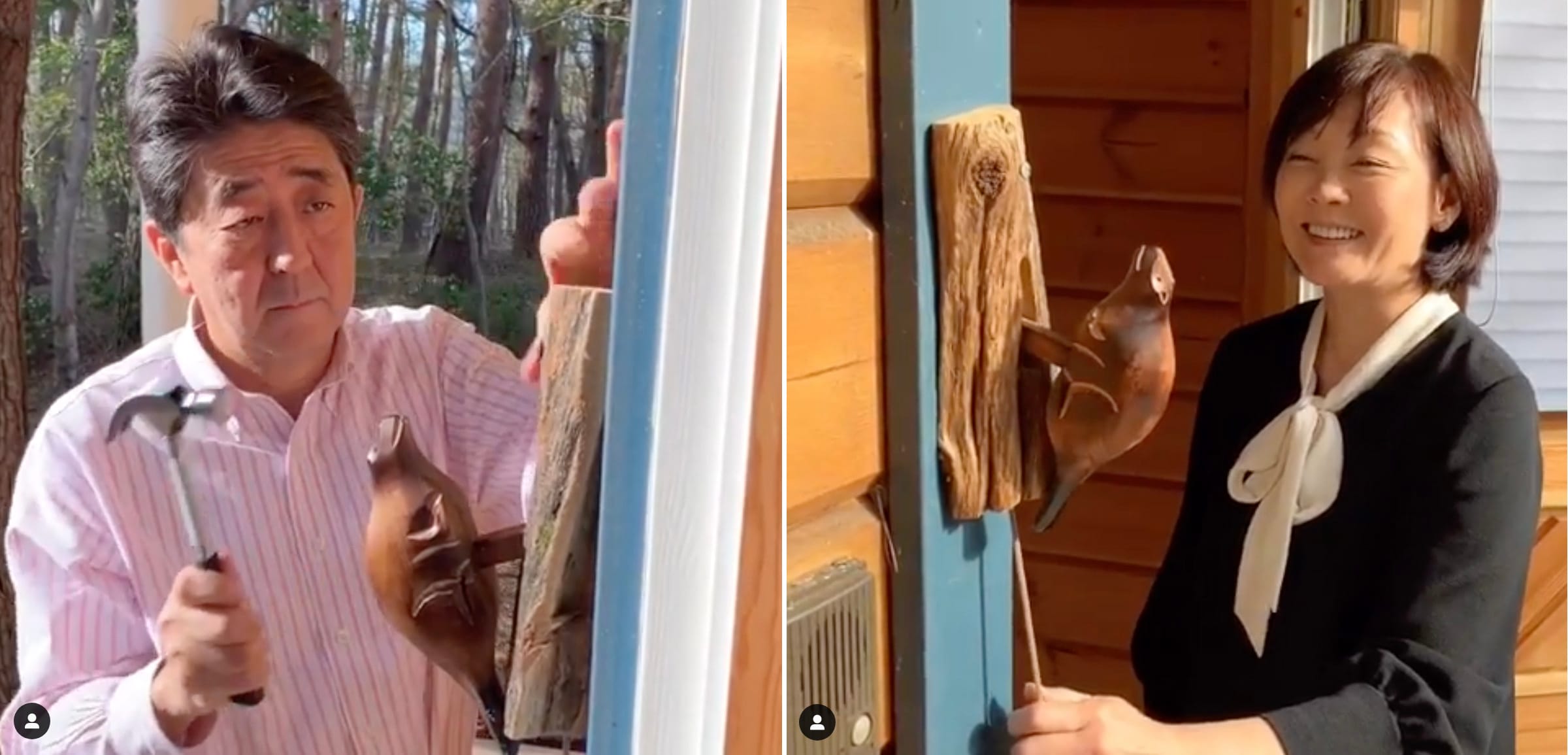 Stills from an Instagram video posted on PM Hinzo Abe’s account showing the PM and his wife, Akie Abe, installing a wooden door knocer recently brought home from Canada. (@shinzoabe/Instagram)