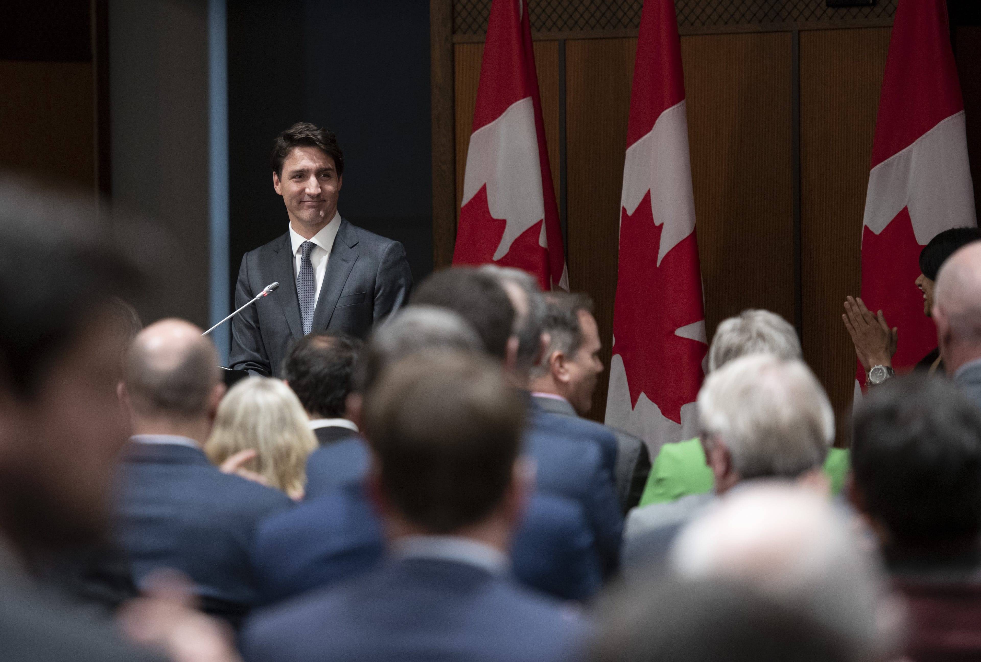 Trudeau speaks at a caucus meeting on Parliament Hill on April 2, 2019 (THE CANADIAN PRESS/Justin Tang)