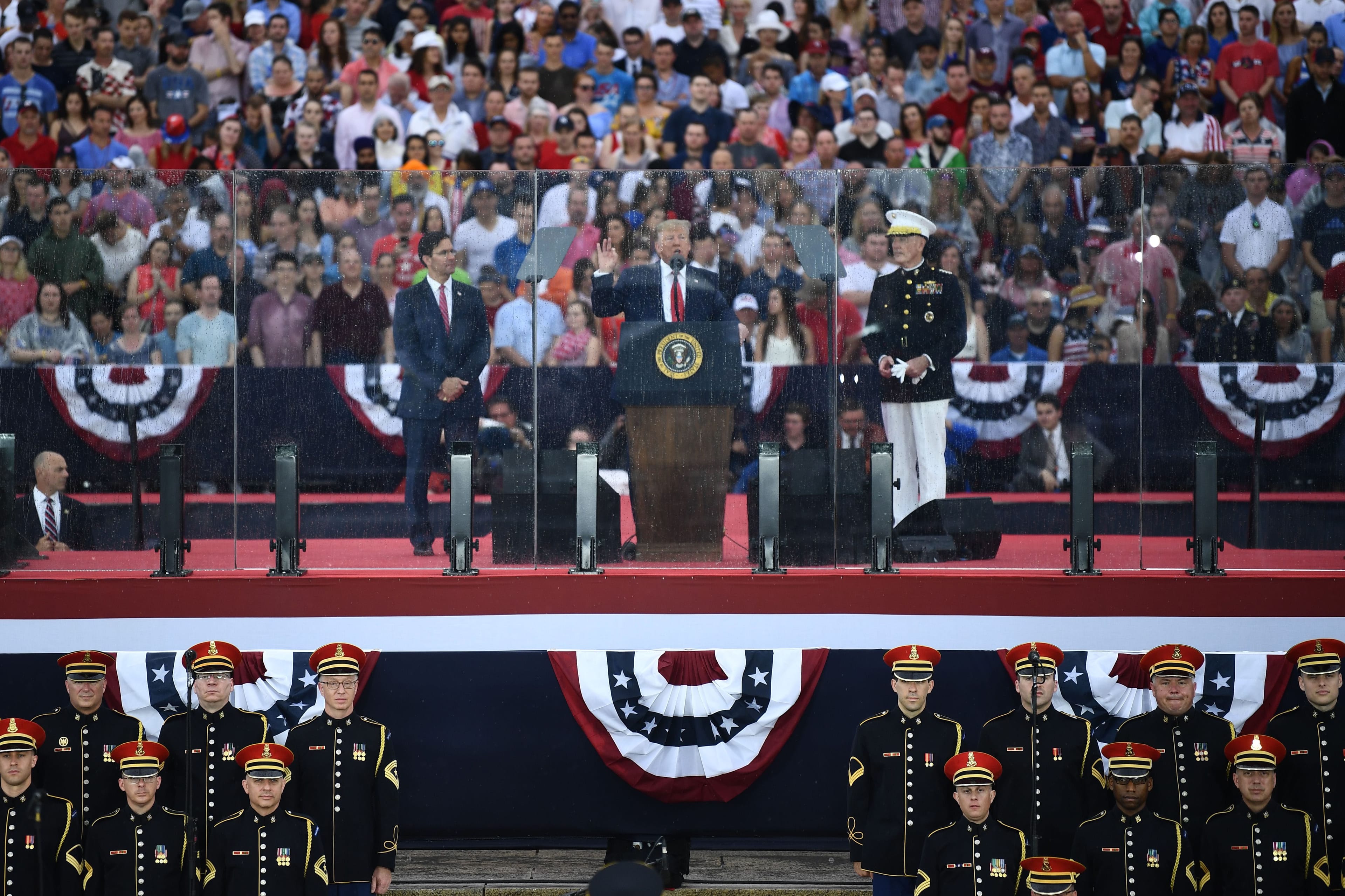 US President Donald Trump speaks alongside acting Defense Secretary Mark Esper (L) and the Chairman of The Joint Chiefs of Staff Joseph Dunford during the "Salute to America" Fourth of July event at the Lincoln Memorial in Washington, DC, July 4, 2019. (Brendan Smialowski/AFP/Getty Images)