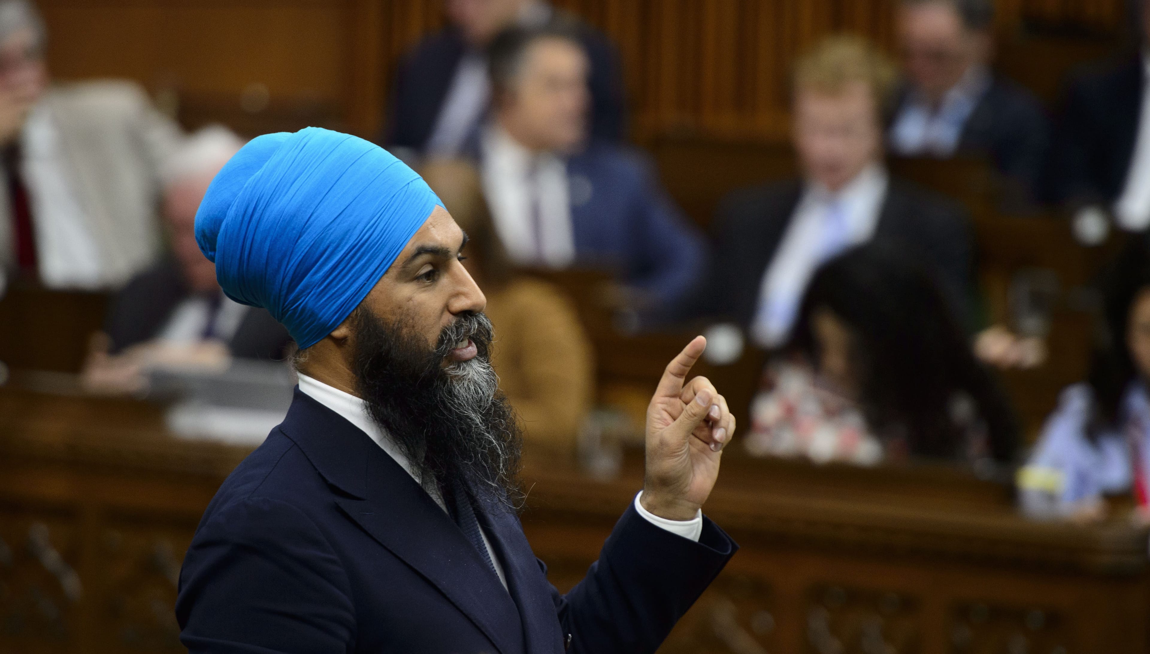 NDP Leader Jagmeet Singh stands during question period in the House of Commons on Parliament Hill in Ottawa on Wednesday, June 12, 2019. (Sean Kilpatrick/CP)